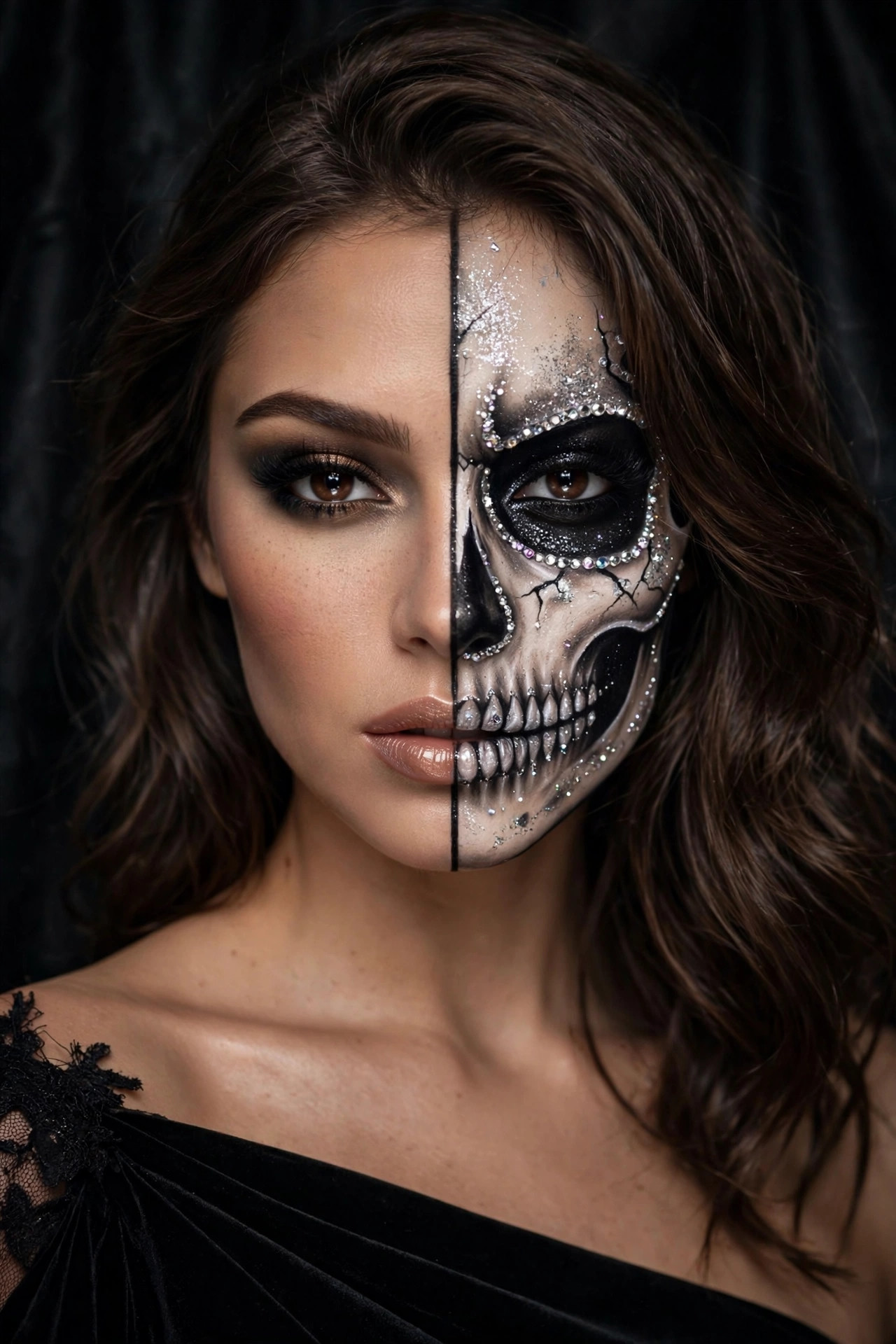 Woman with smoky glam half-skull Halloween party makeup