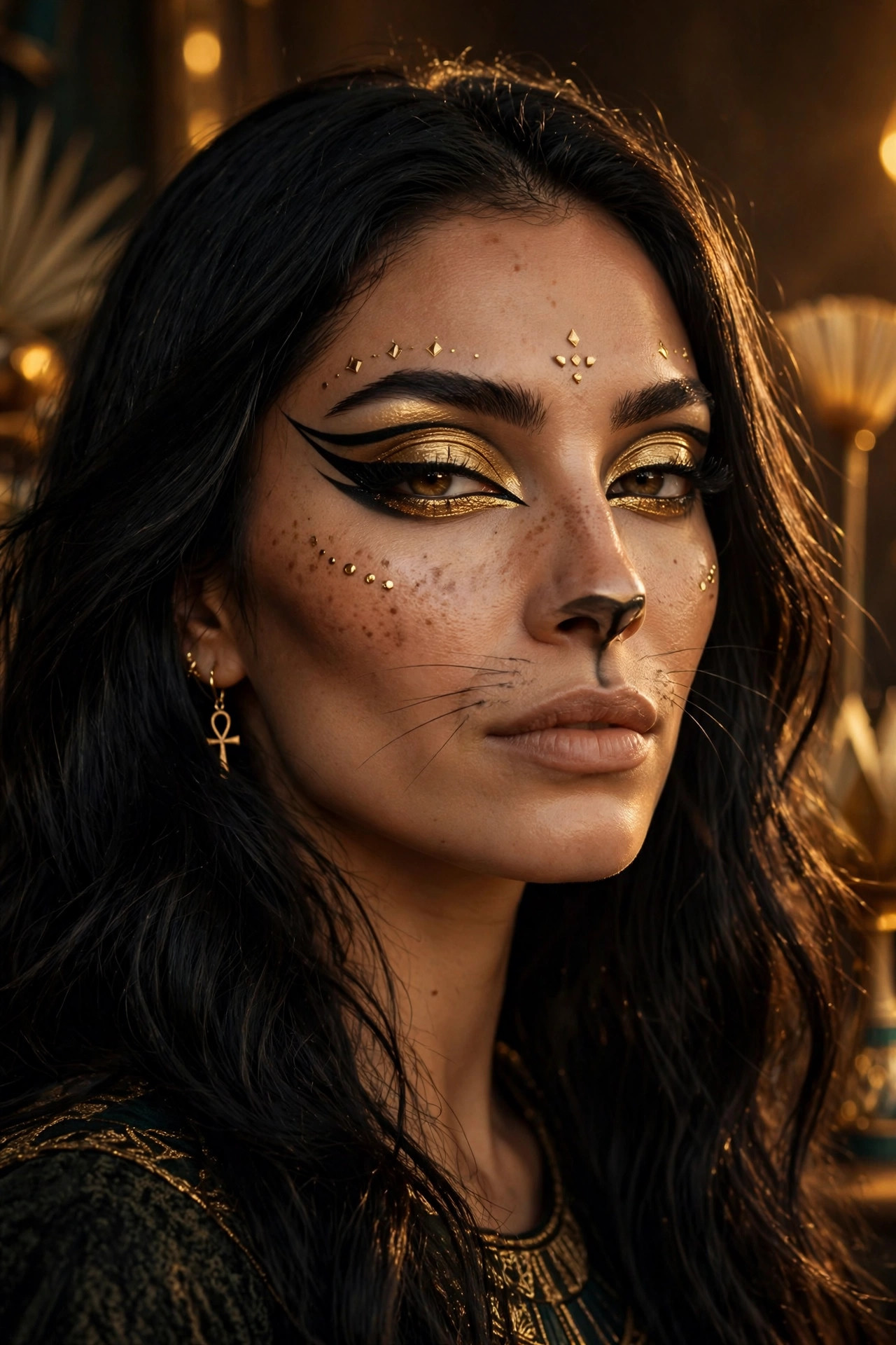 Woman with Egyptian cat goddess Halloween makeup, gold eyeliner and regal details