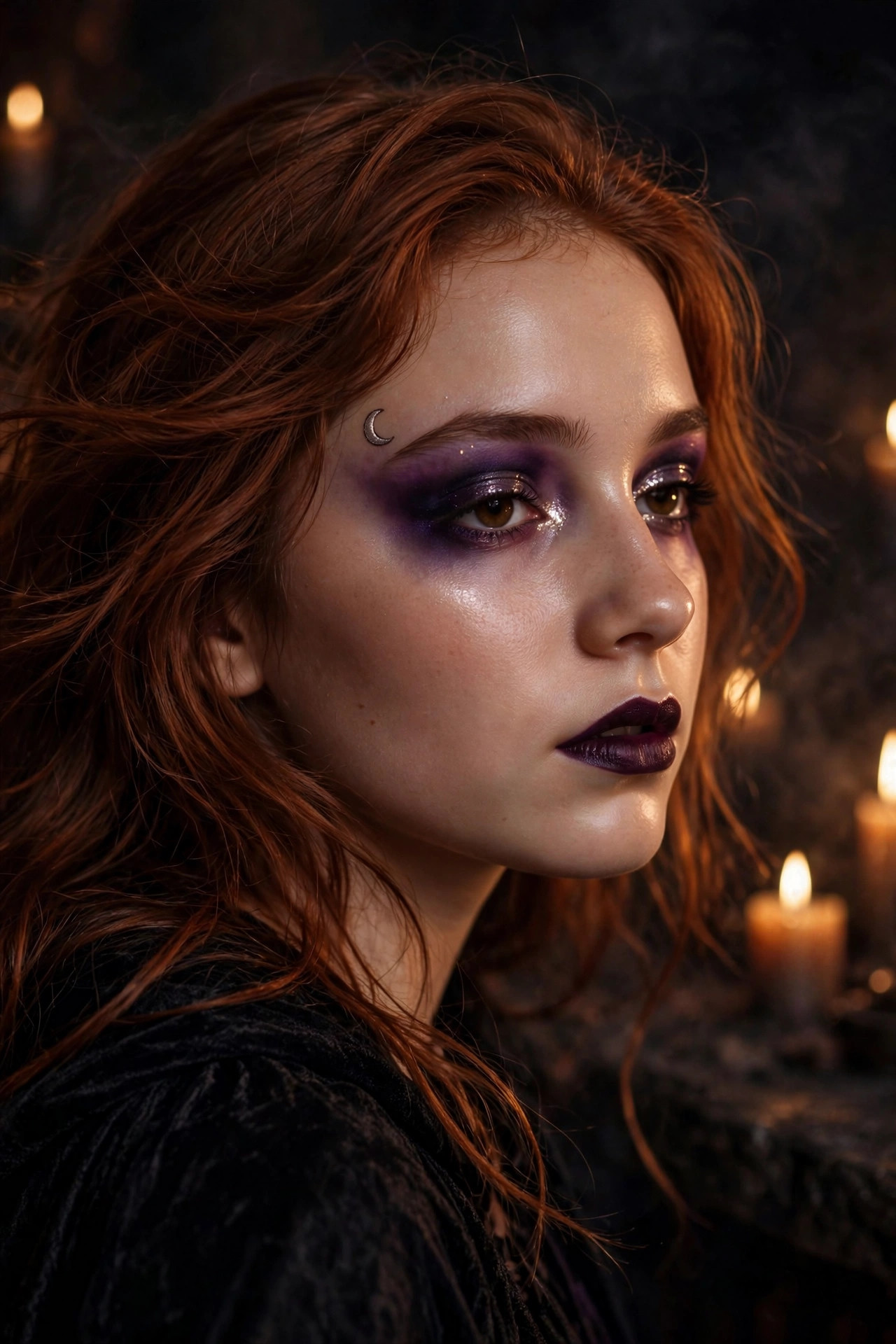 Teen girl with witchy Halloween makeup, purple smoky eyes, and dark lipstick