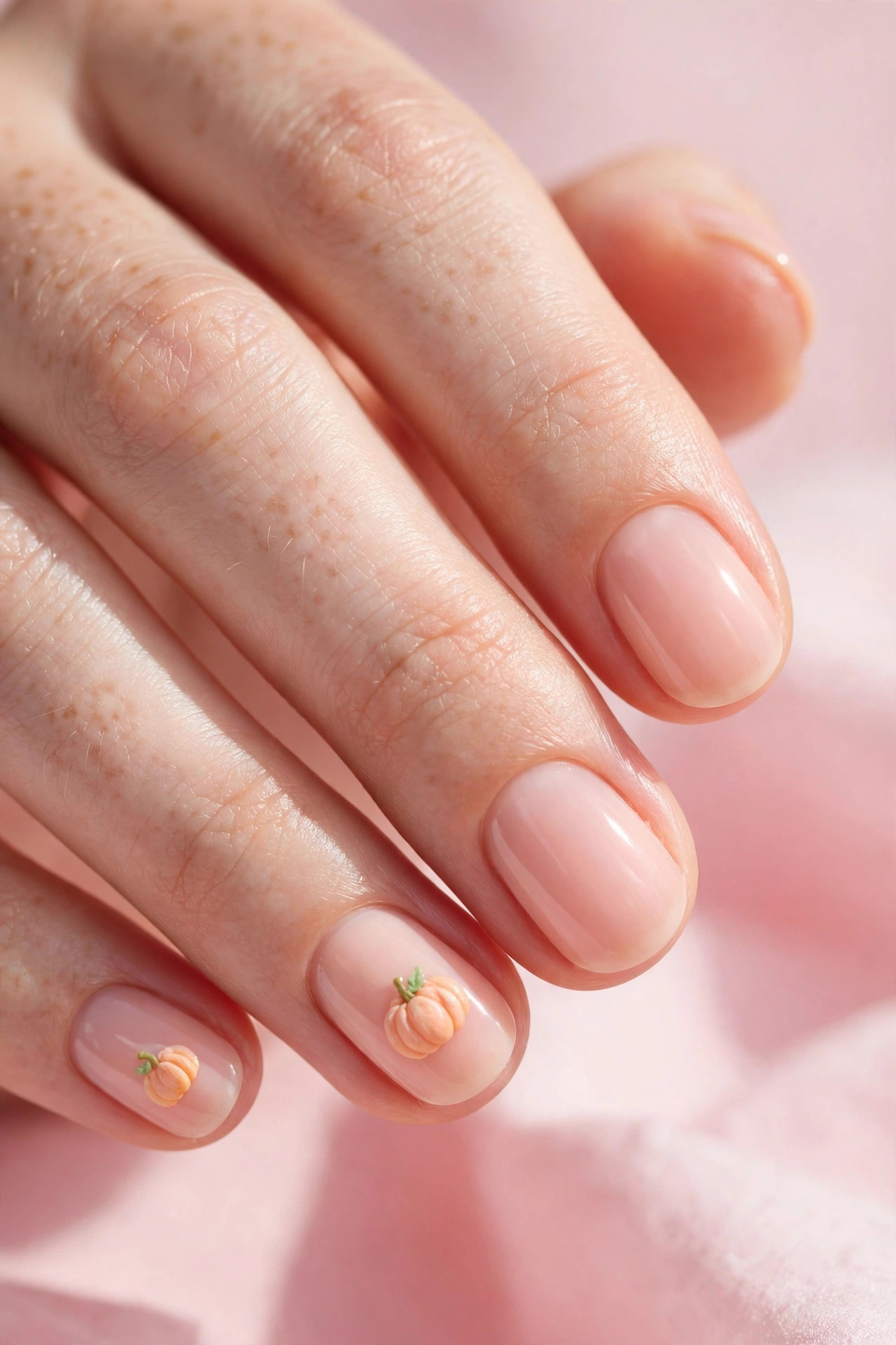 Short oval nails with pastel peach base and tiny pastel pumpkin nail art