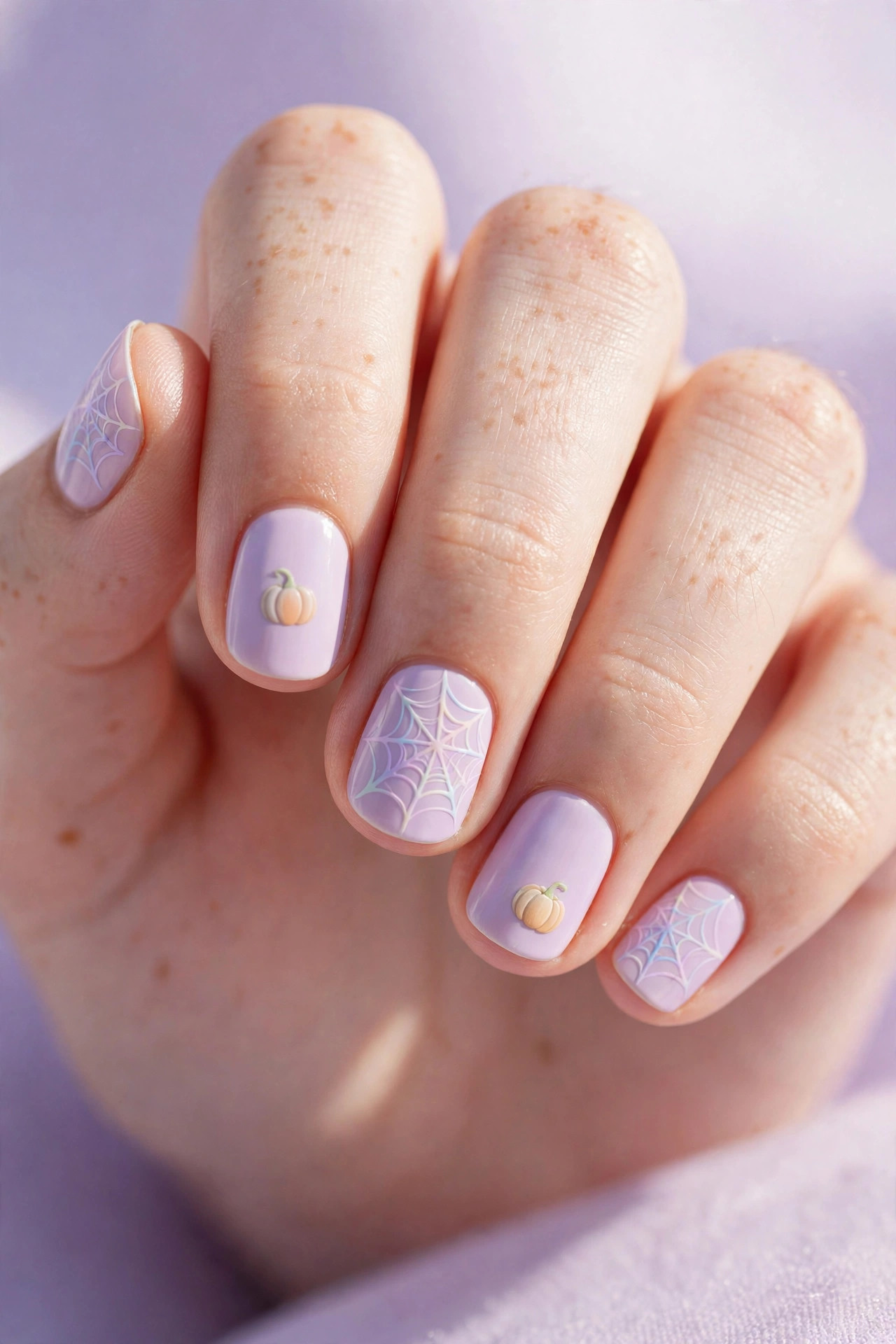Teen hand with pastel lilac nails, pastel spiderwebs, and tiny pumpkins