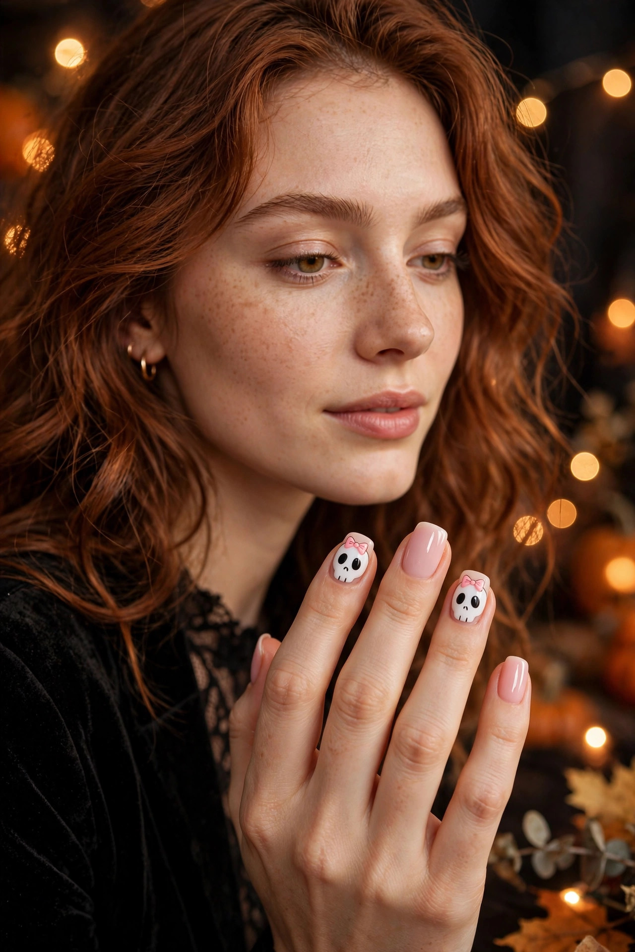 Short pink nails with cute cartoon skull faces and tiny pink bows