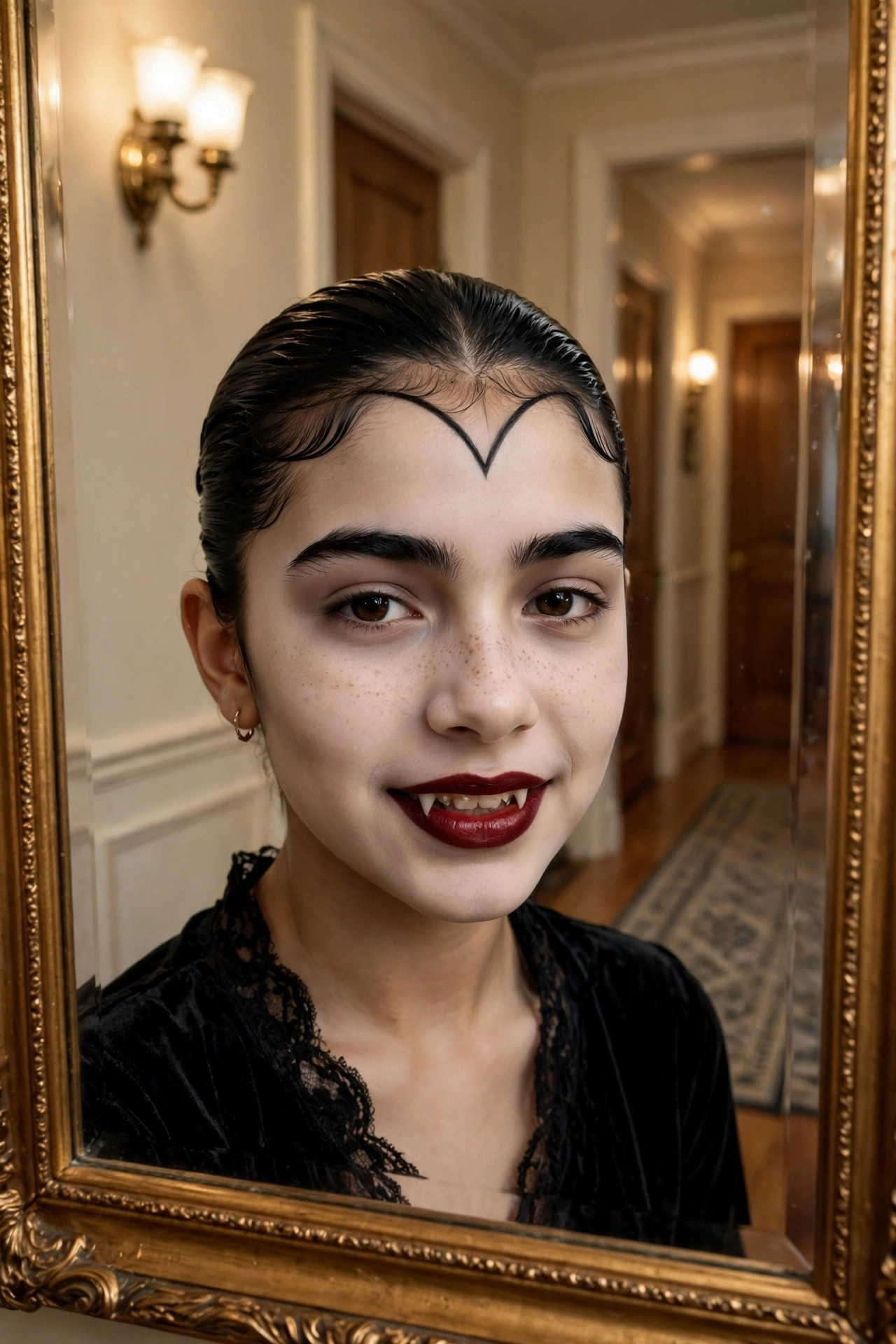 Teen with slicked-back hair and a drawn widow's peak completing vampire makeup