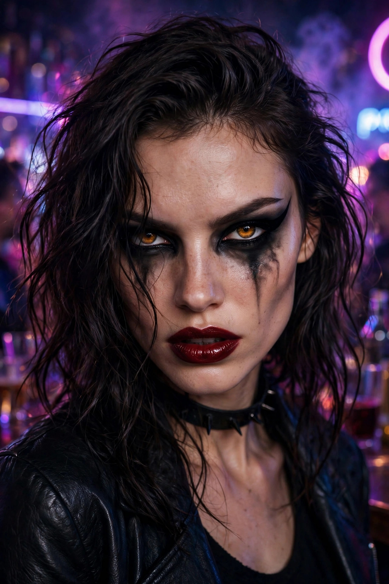 Woman with dramatic winged eyeliner blended into smoky vampire eye makeup
