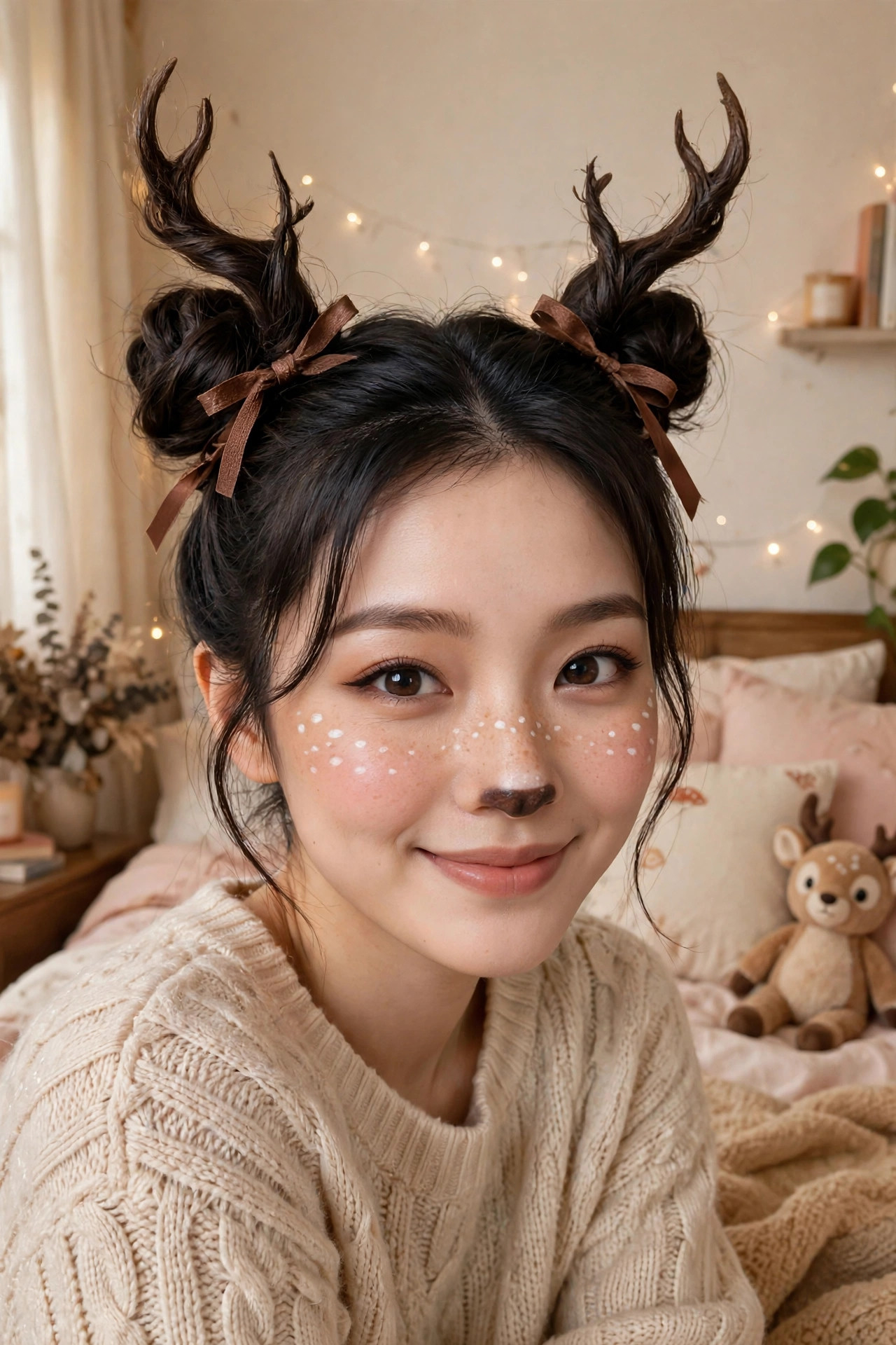 Woman with deer makeup and twin space buns styled like antlers, playful Halloween look