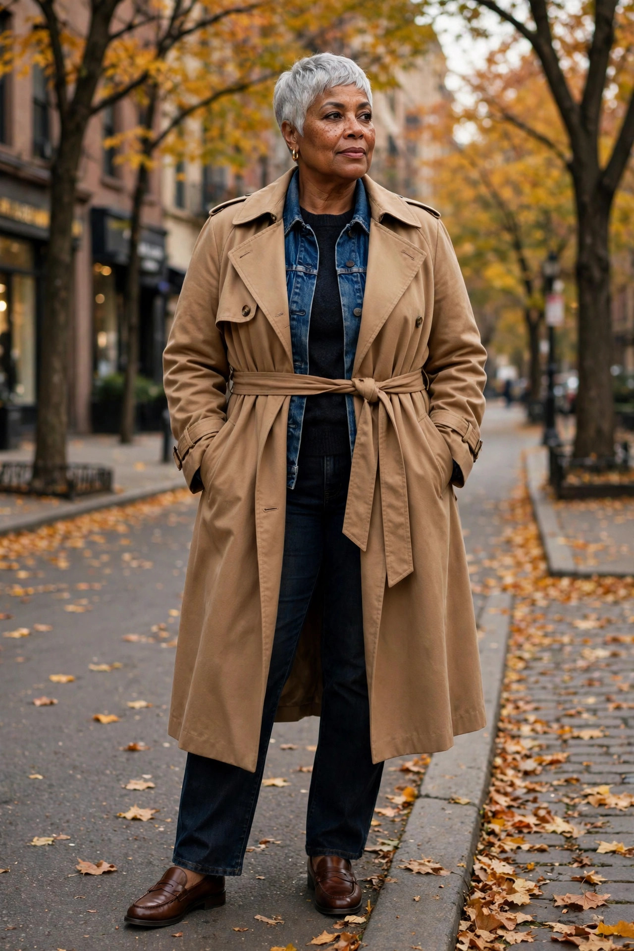Plus-size older woman in double denim with a camel trench coat on a street lined with autumn trees