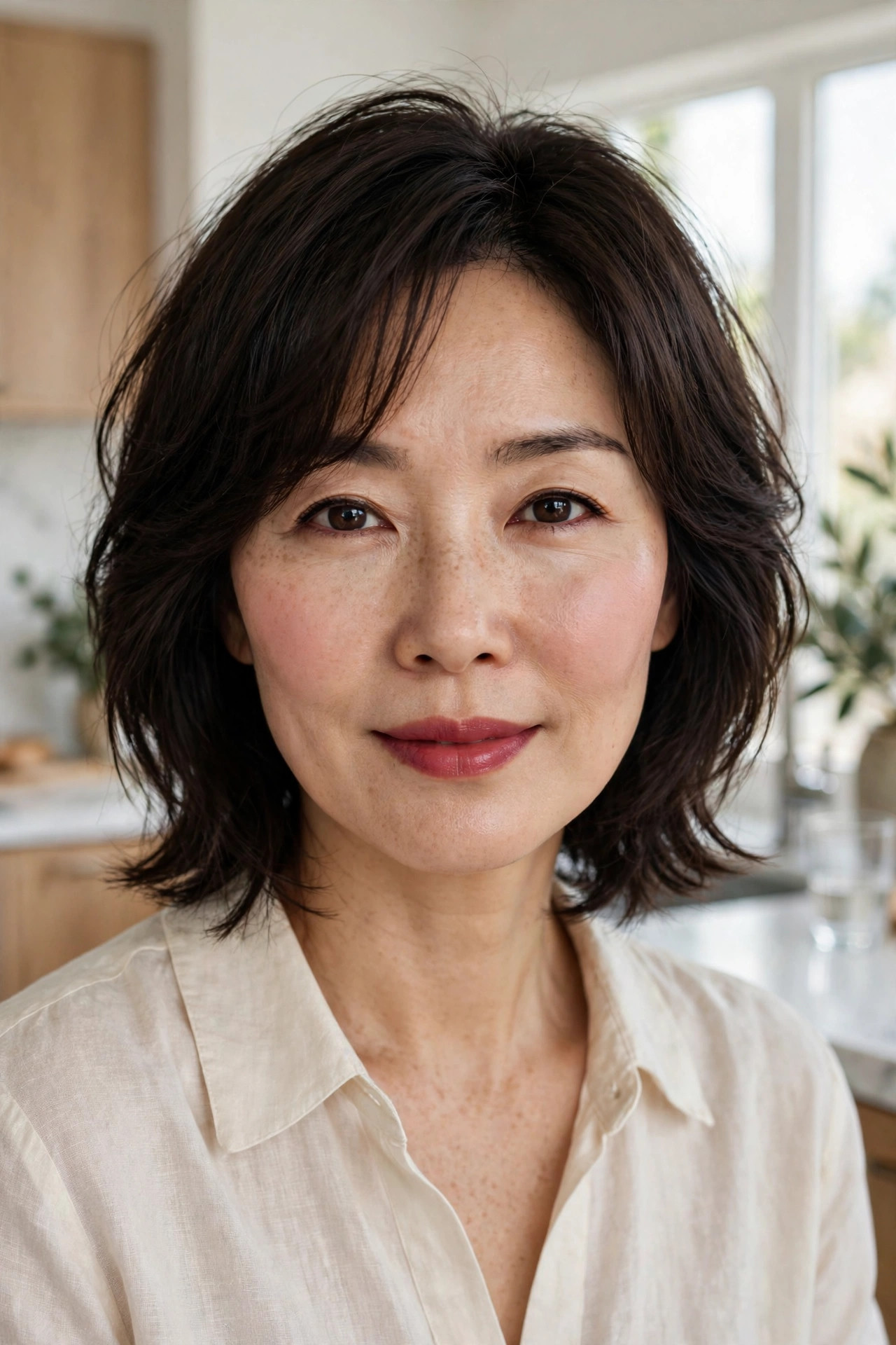 Fresh woman with rosy blushed cheeks and a tinted berry lip smiling in kitchen daylight