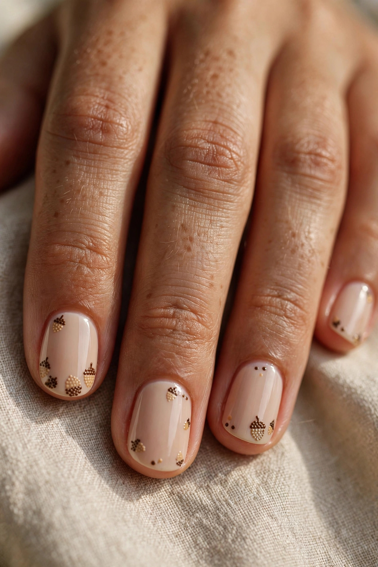 Short nude nails with tiny painted acorn dot designs