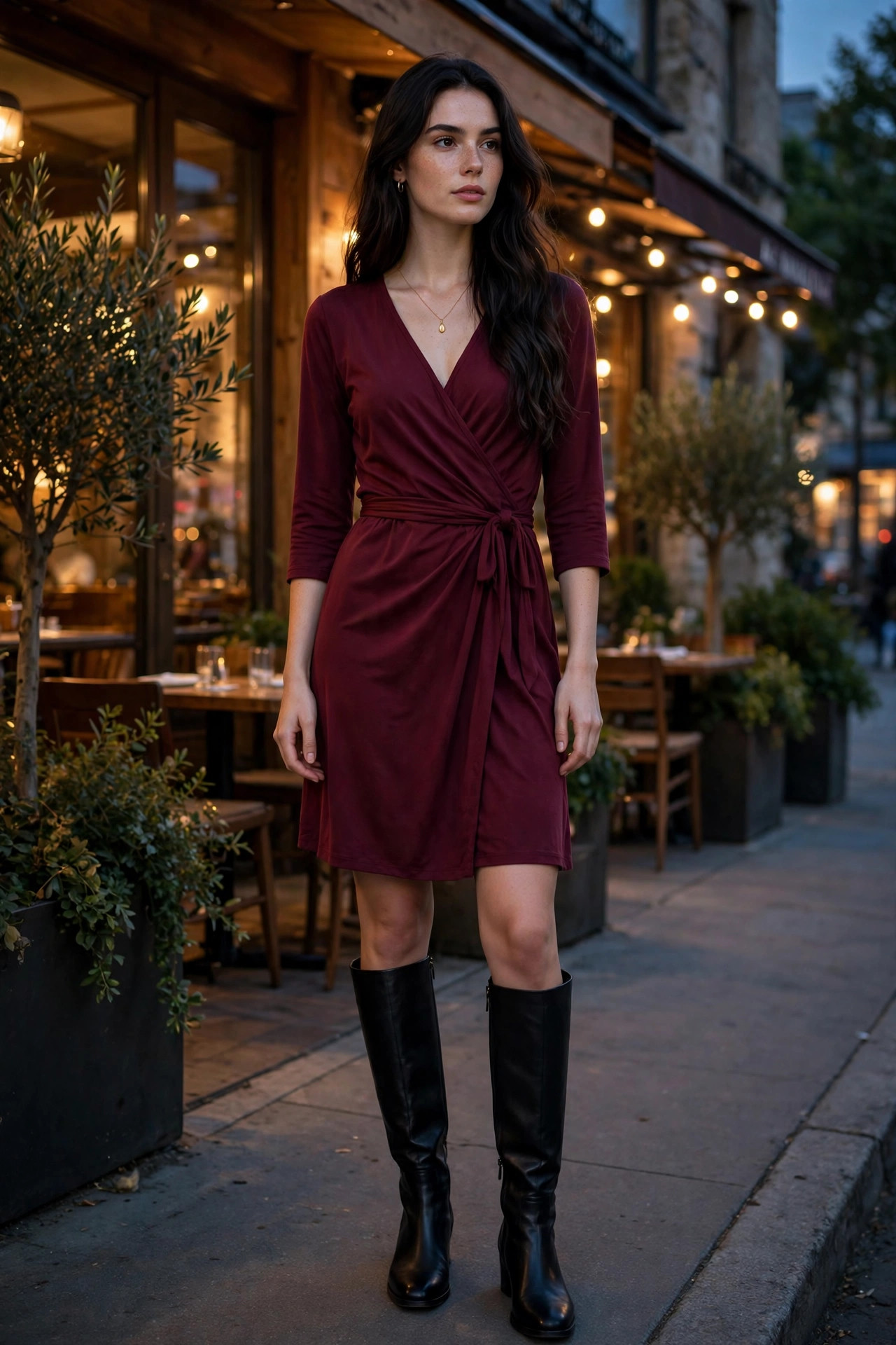 Fair-skinned woman in a burgundy wrap dress with knee-high black boots in the evening