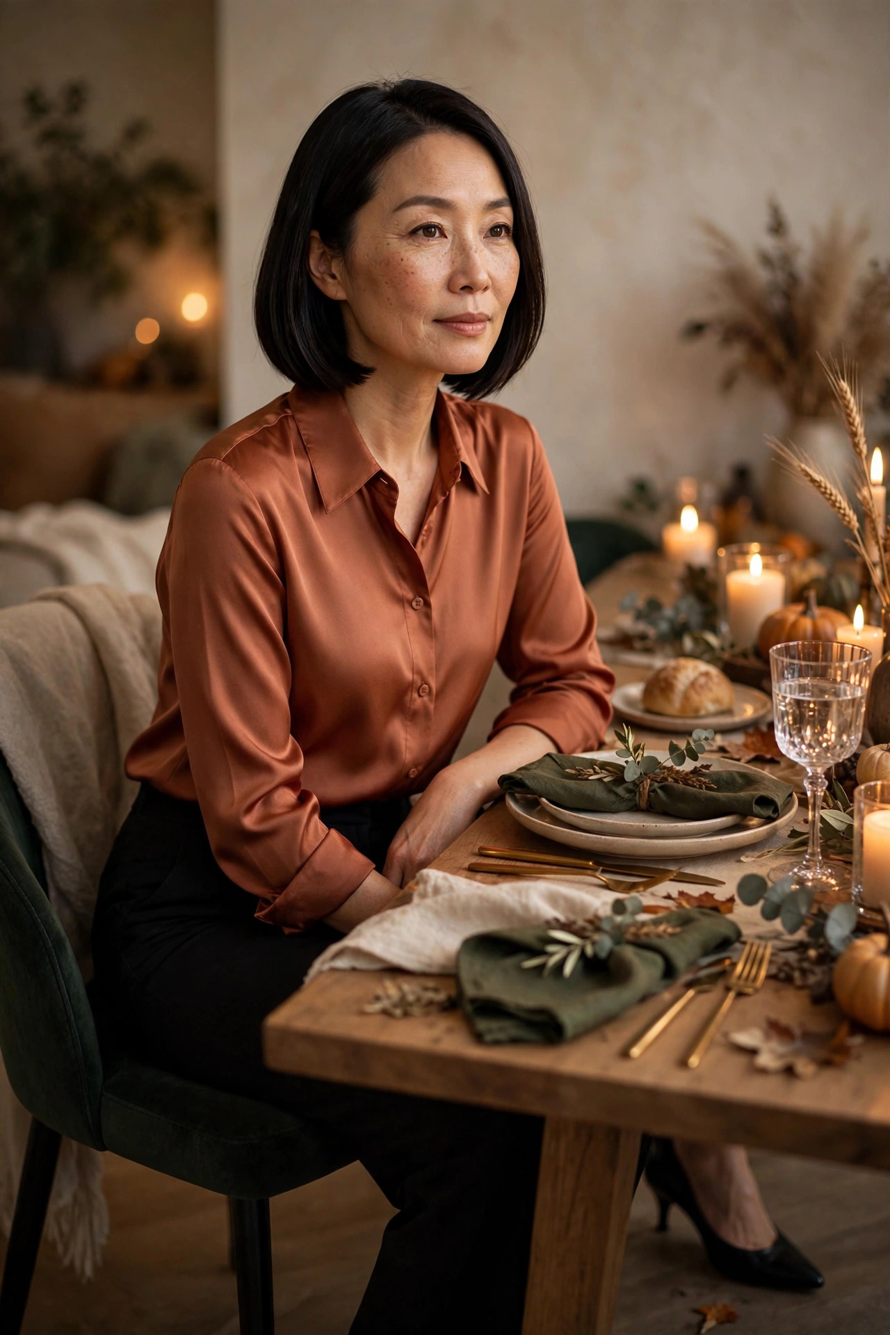 Woman in her late 40s wearing a terracotta satin blouse with black ponte trousers at a dining table