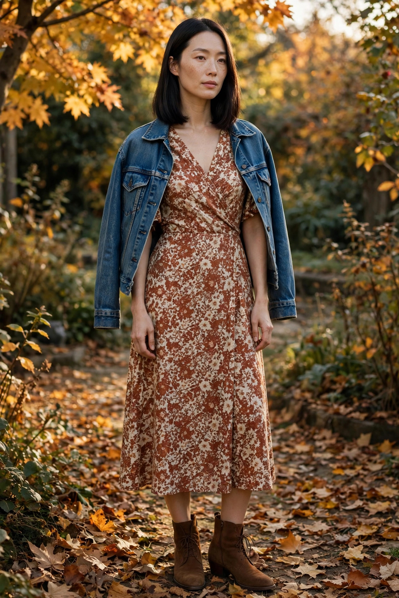 Woman in a denim jacket over a floral midi dress with boots in a garden