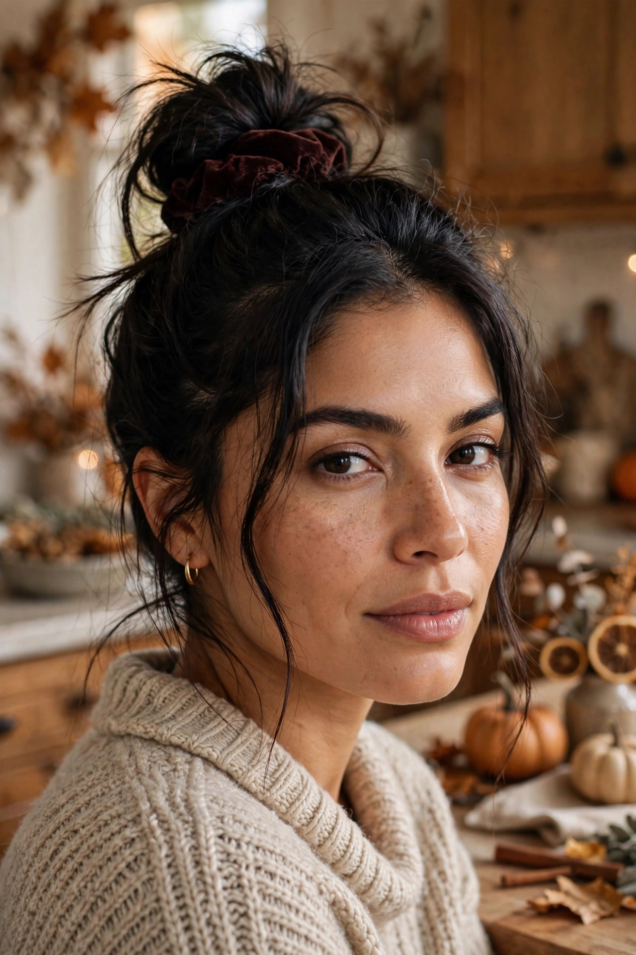 Woman with a messy top knot and face-framing pieces in a kitchen