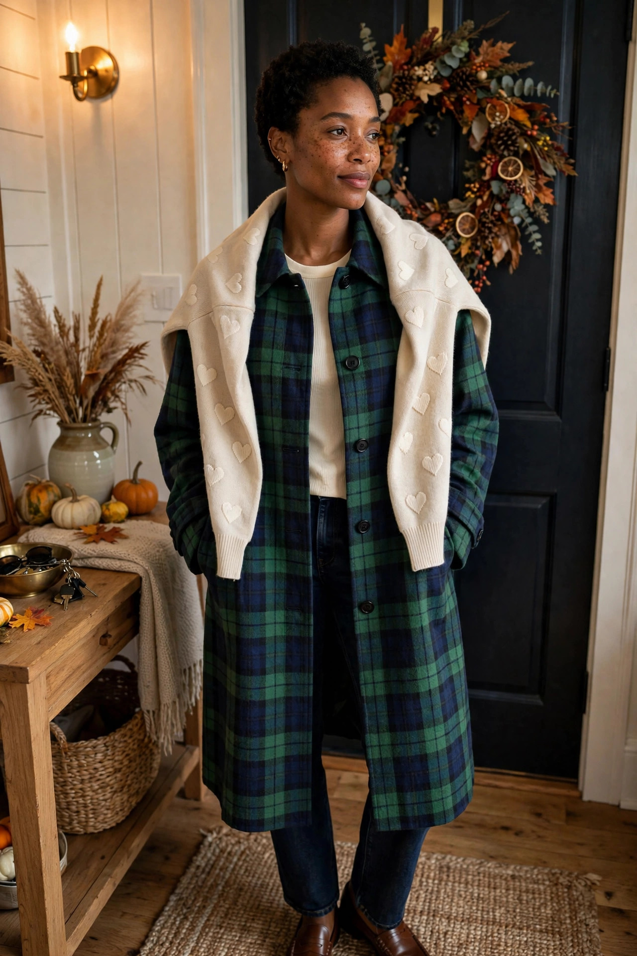 Woman in a plaid coat with a heart sweater draped over her shoulders in an entryway