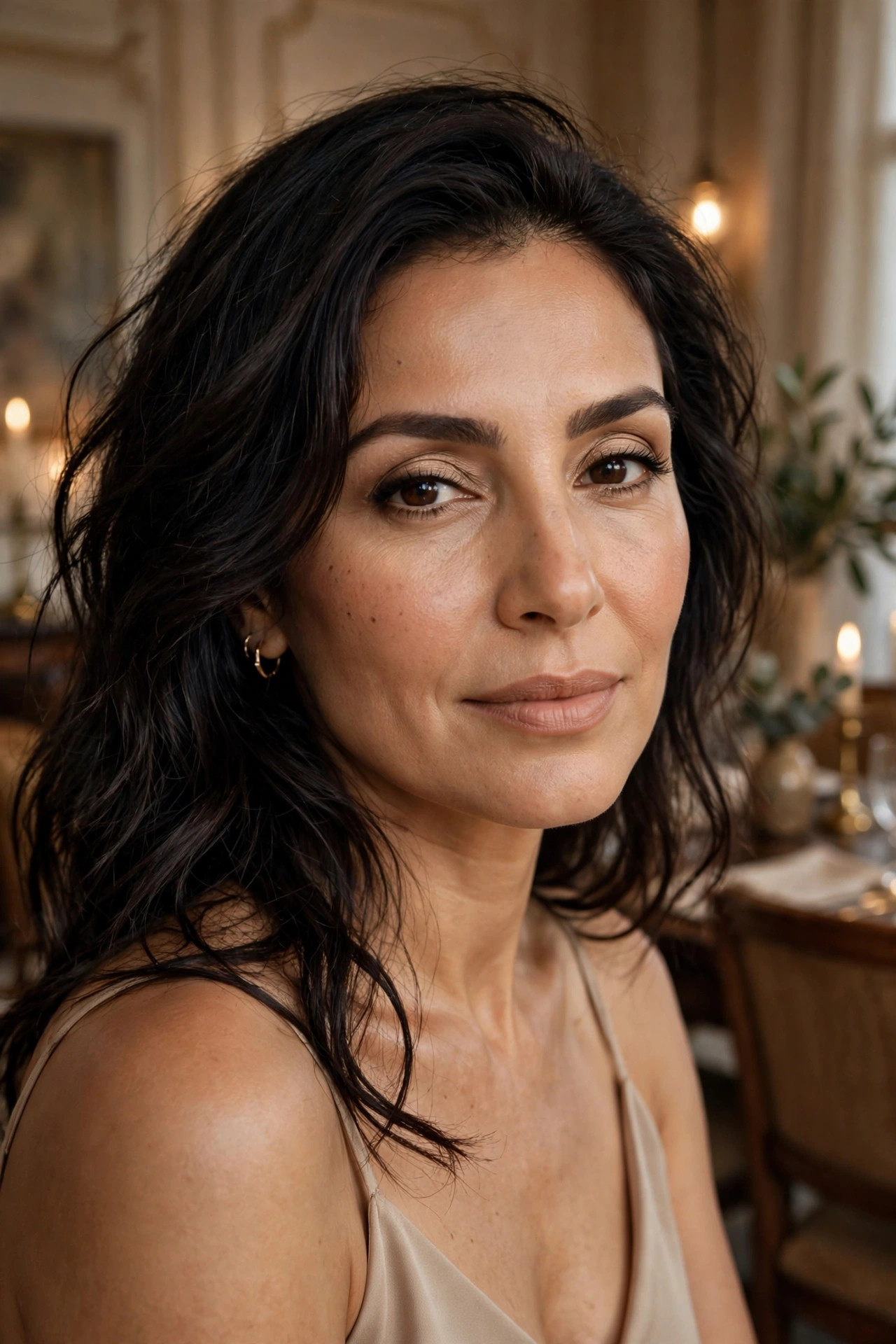 Middle Eastern woman with dark wavy hair wearing a satin-finish neutral eyeshadow look in an elegant dining room