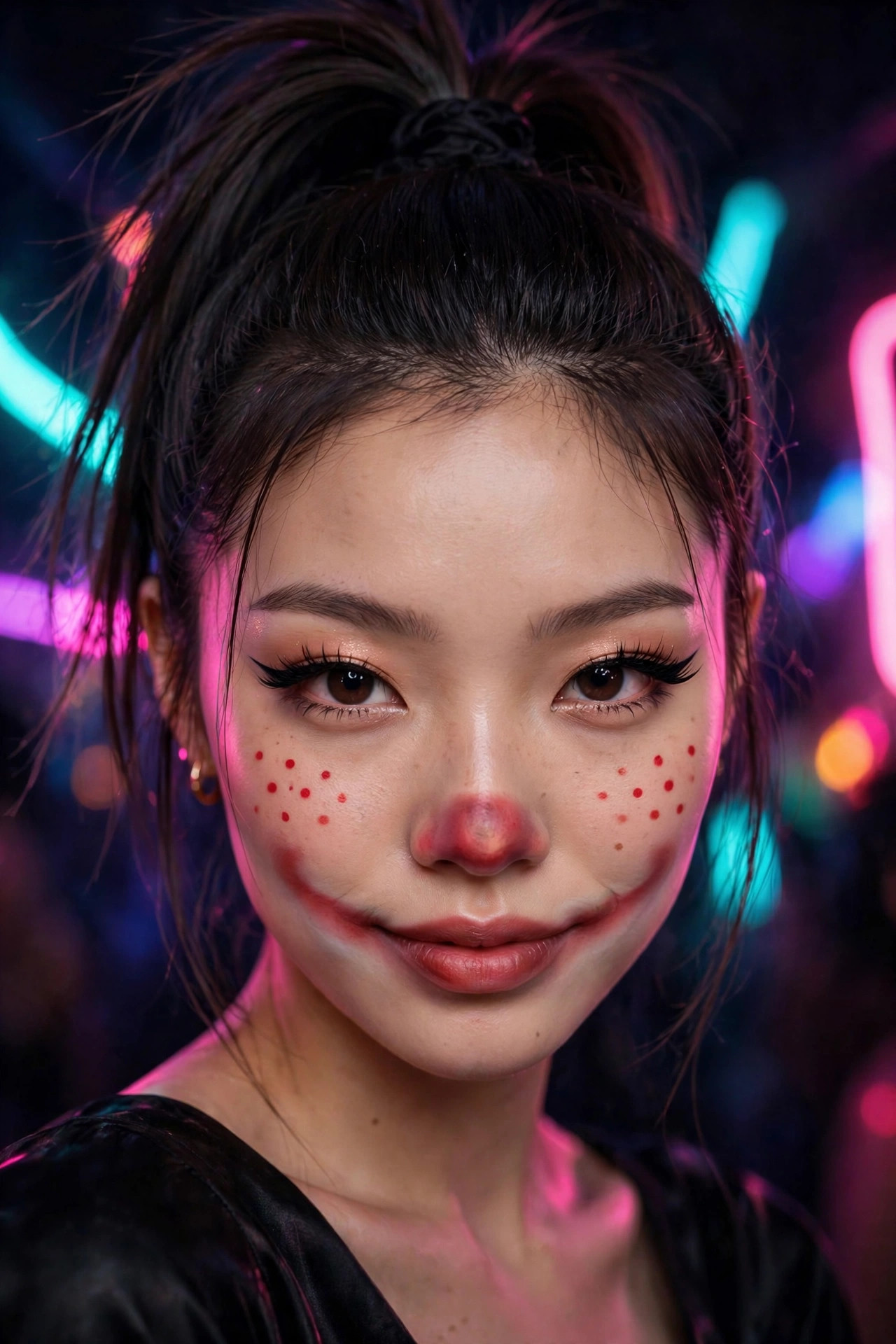 Woman with glam clown Halloween makeup, blurred red nose and soft oversized smile