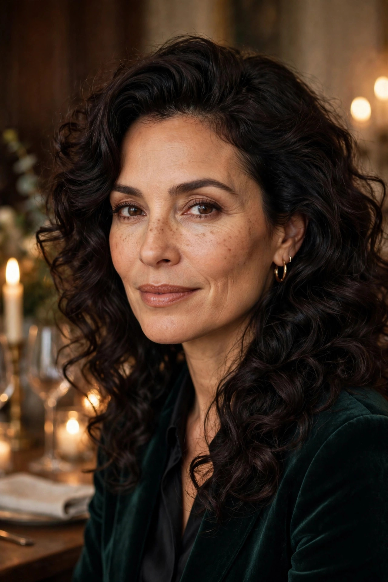 Woman in her mid 40s with dark voluminous curls and a side part in a candlelit dining room