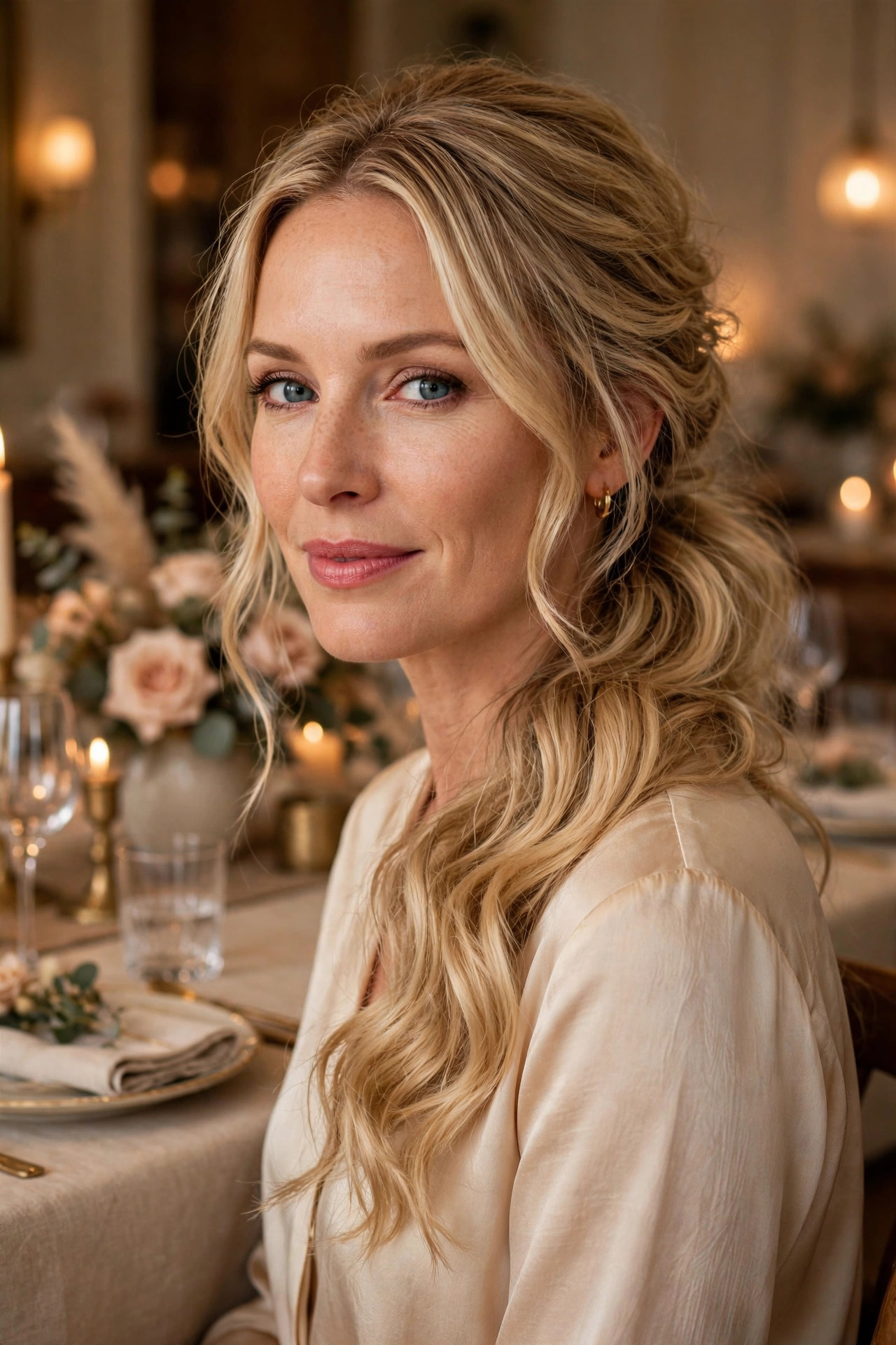 Woman in her mid 30s with long blonde hair in a romantic wavy side ponytail at a dining table