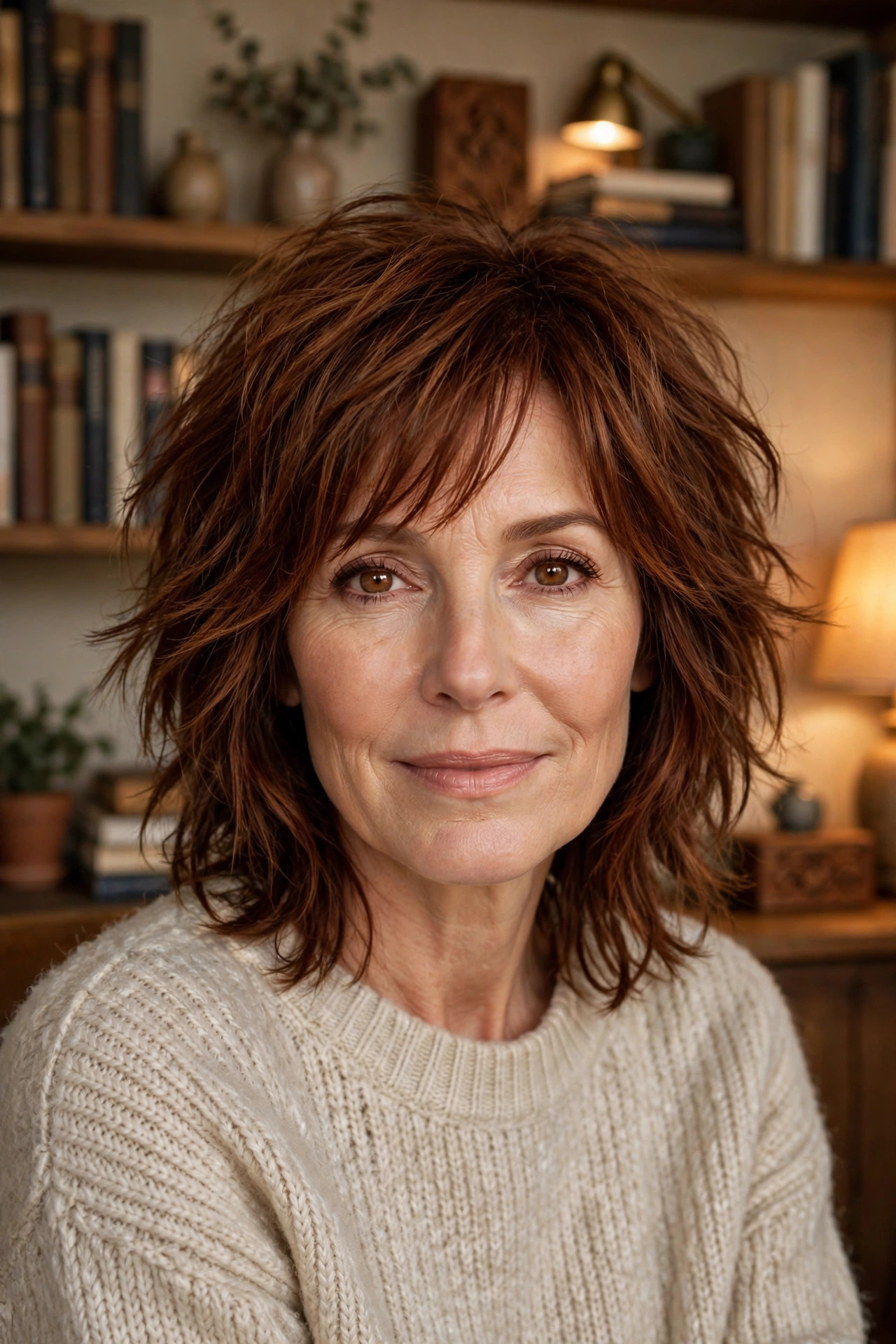Woman in her early 50s with an auburn tousled shoulder-length shag haircut in a cozy den