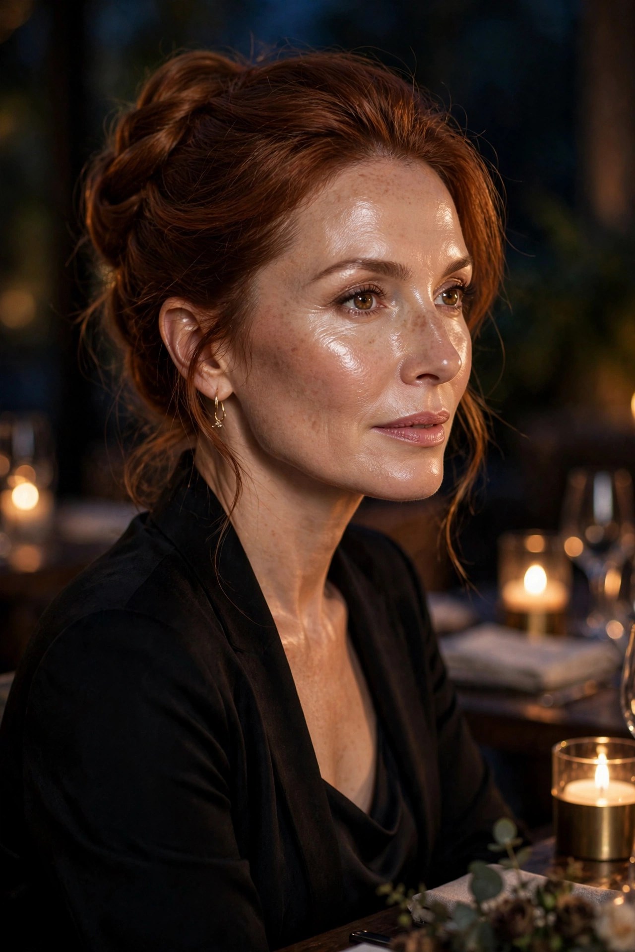 Fair-skinned woman in her mid-40s with champagne highlighter glow at a candlelit table