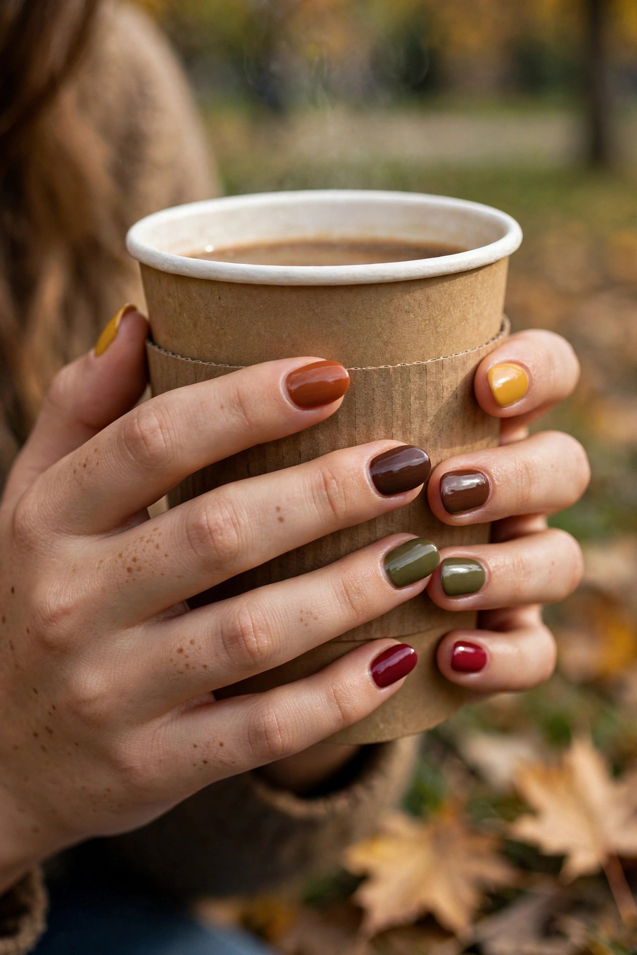 Teen hands with olive skin and medium oval nails with each nail a different fall polish shade