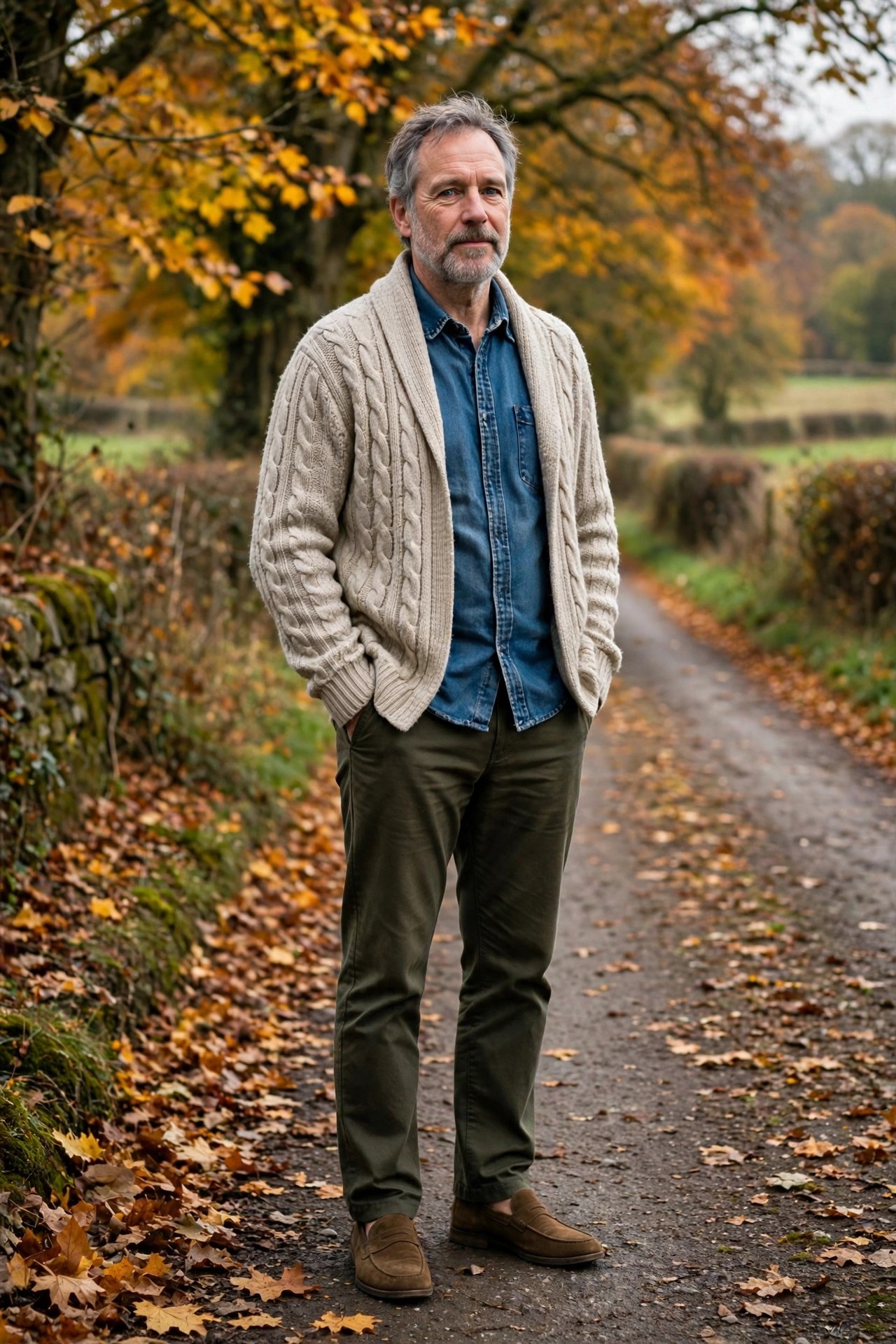 Man in his 50s with a gray beard wearing a cable-knit cardigan over a denim shirt on a country lane
