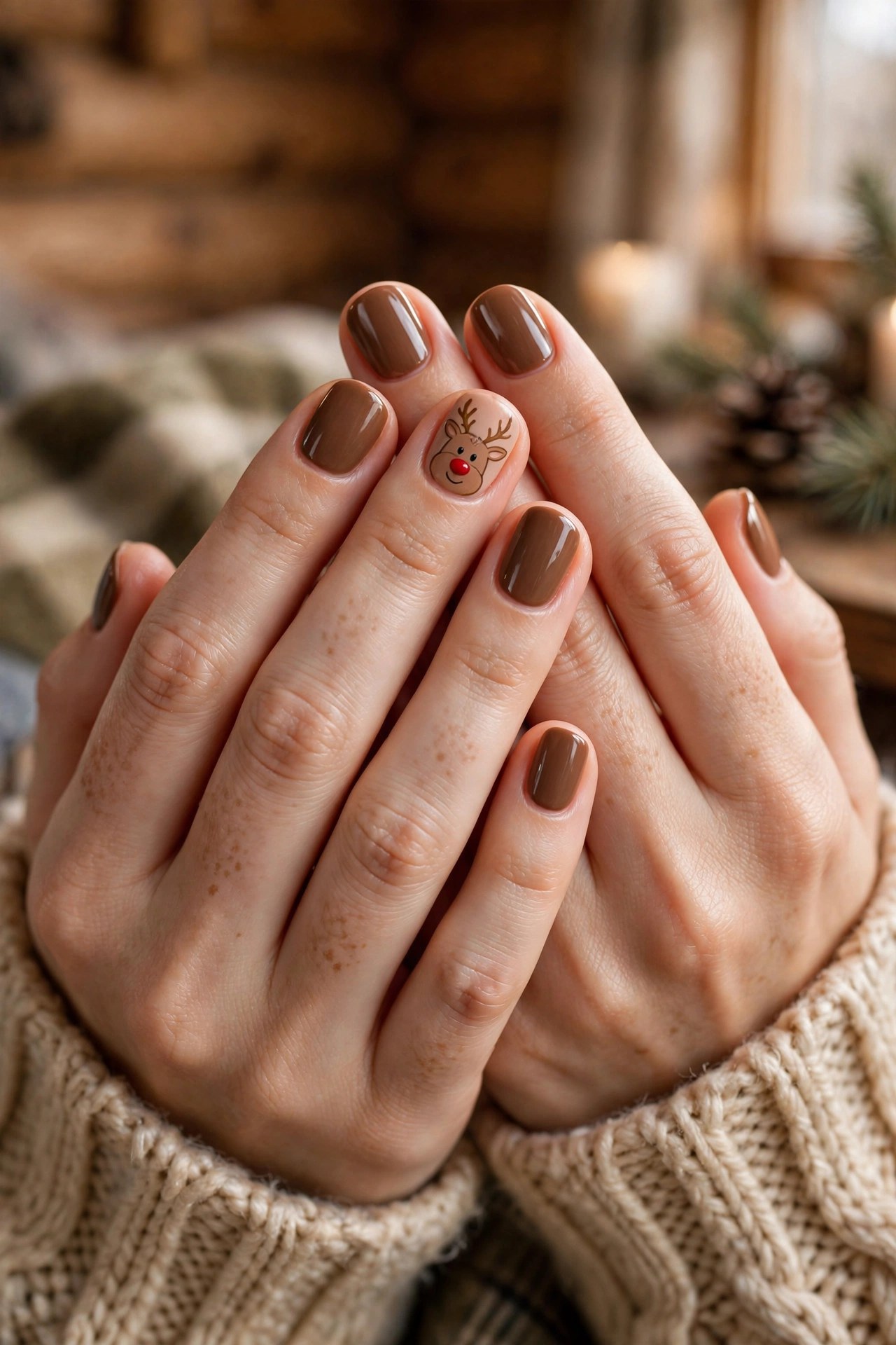 Hands with fair skin and round nails with a cute reindeer face accent nail