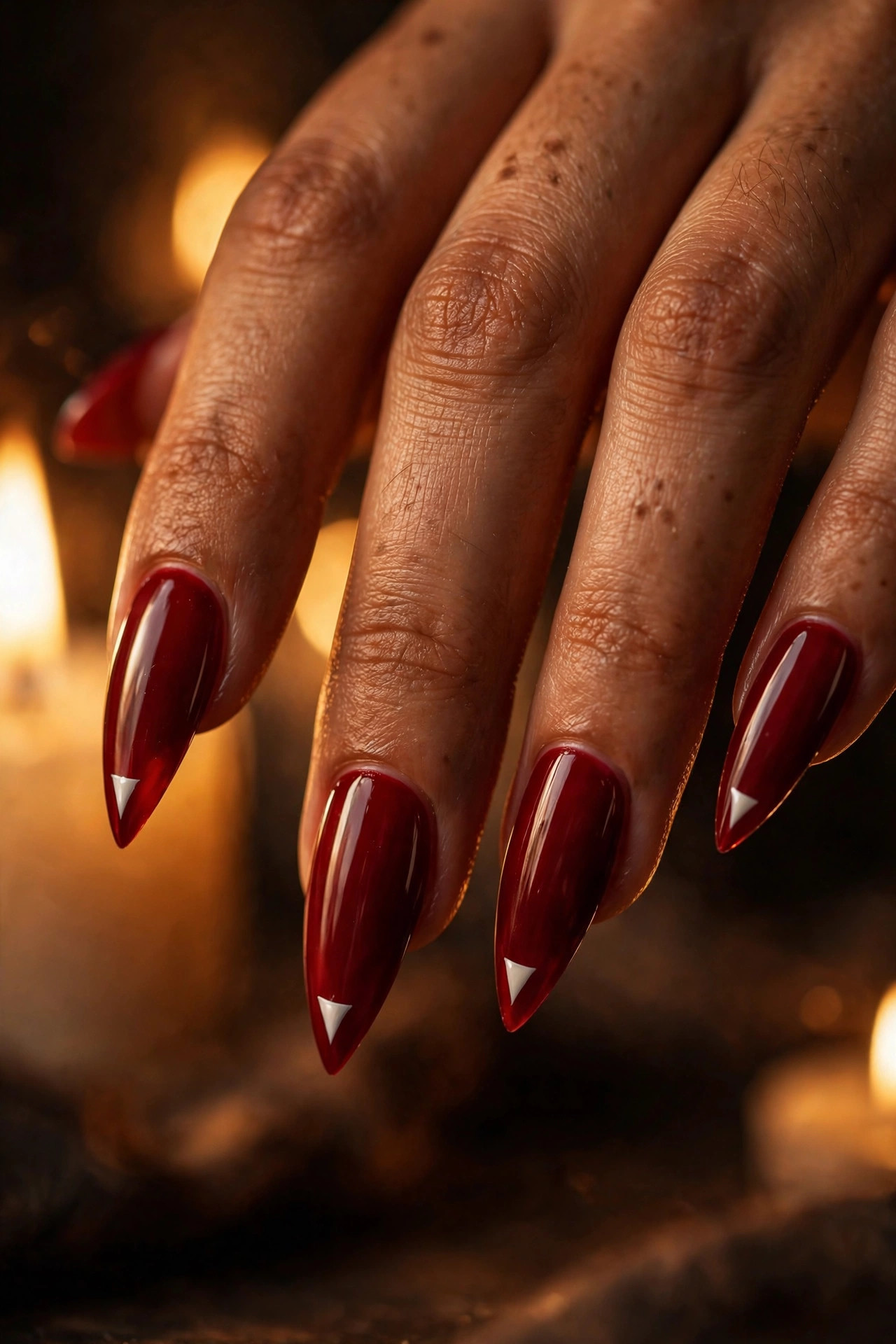 Stiletto nails with white vampire fang nail art on deep red polish