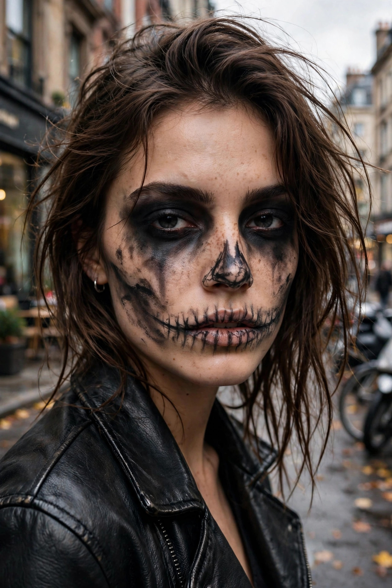 Woman with soft grunge smudged skull Halloween makeup