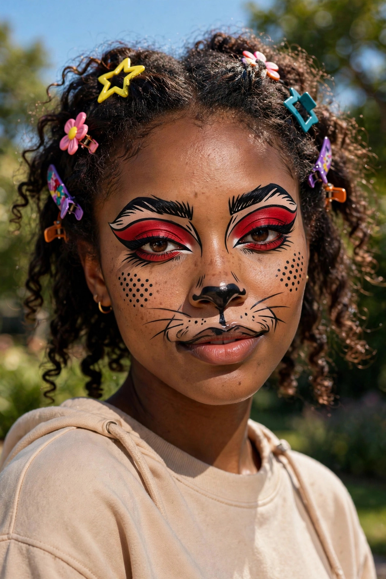 Teen girl with pop art cat Halloween makeup, comic outlines and dotted details