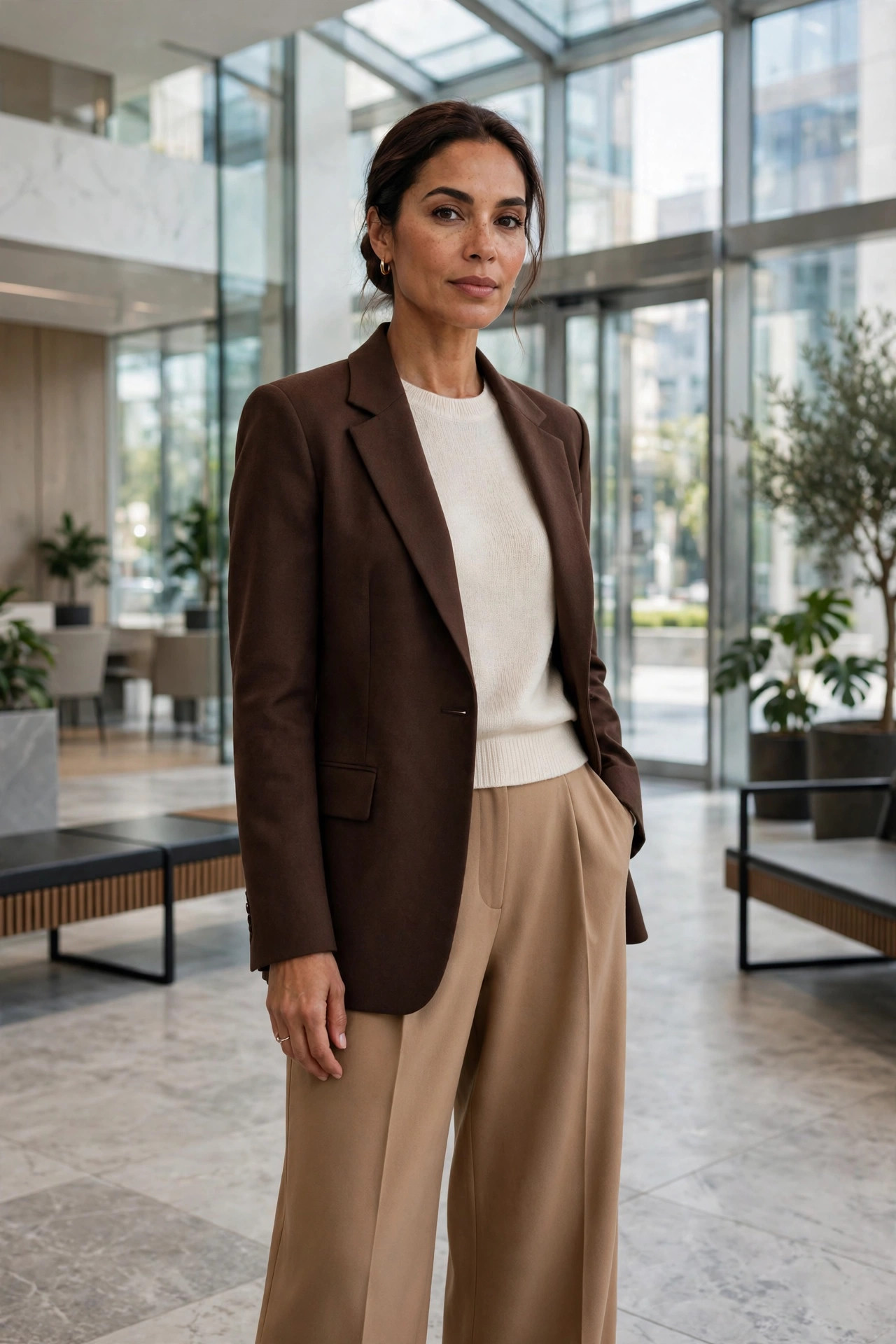 Woman in a chocolate brown blazer and camel trousers with a low bun standing in a bright office lobby