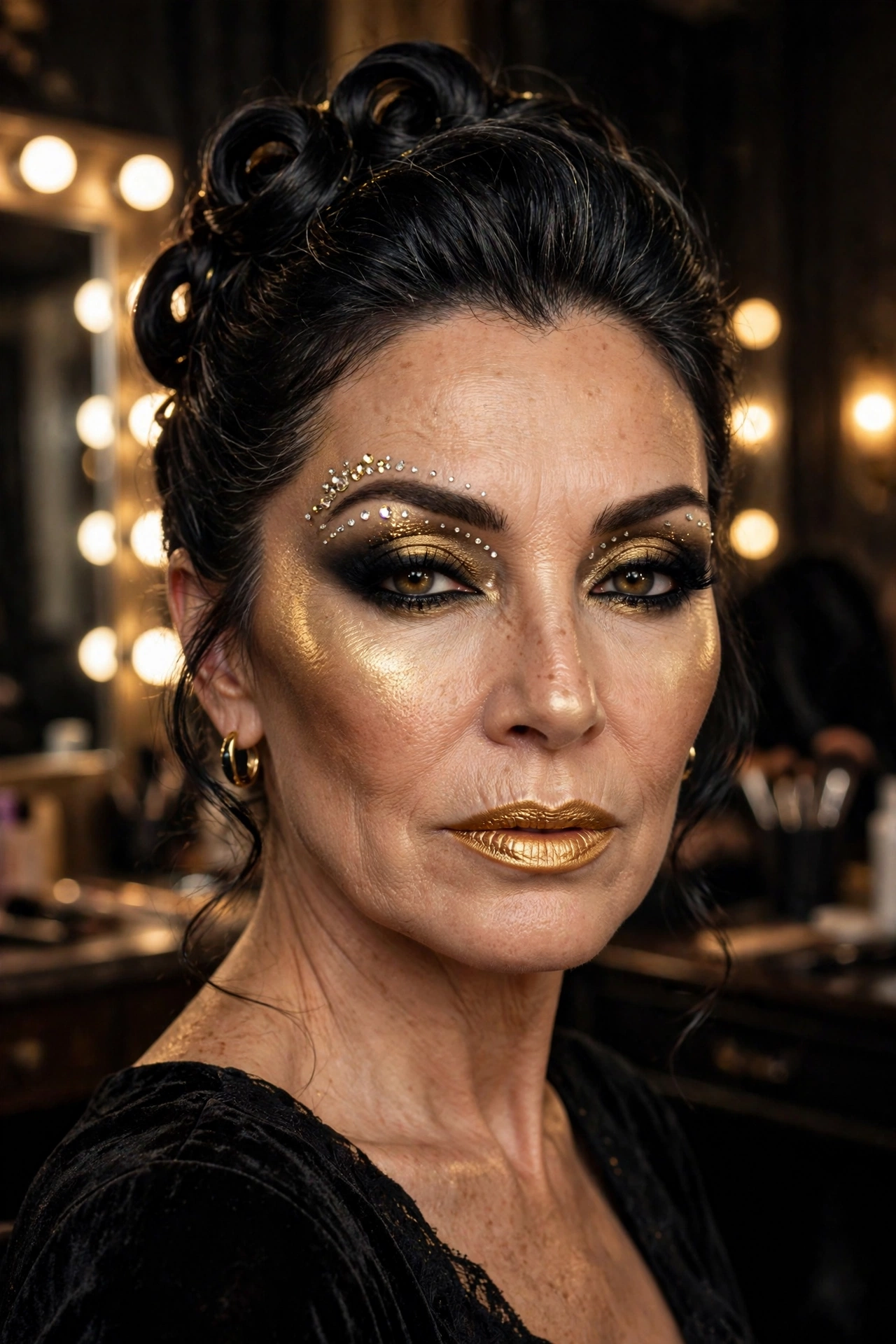 Photorealistic portrait of a woman wearing gold and black witch queen makeup with rhinestones