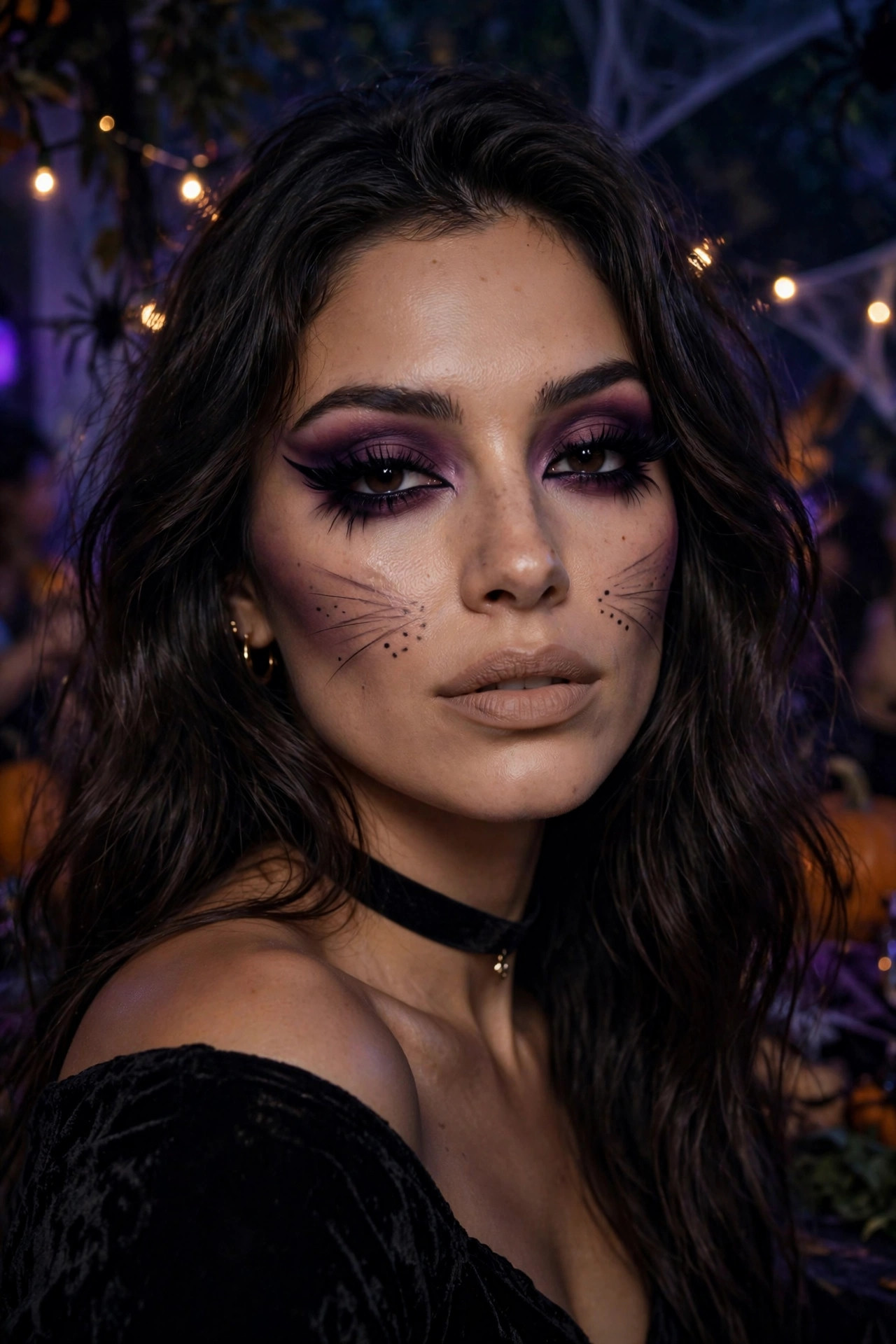 Woman with sultry purple cat makeup for Halloween party, plum smoky eye and long lashes