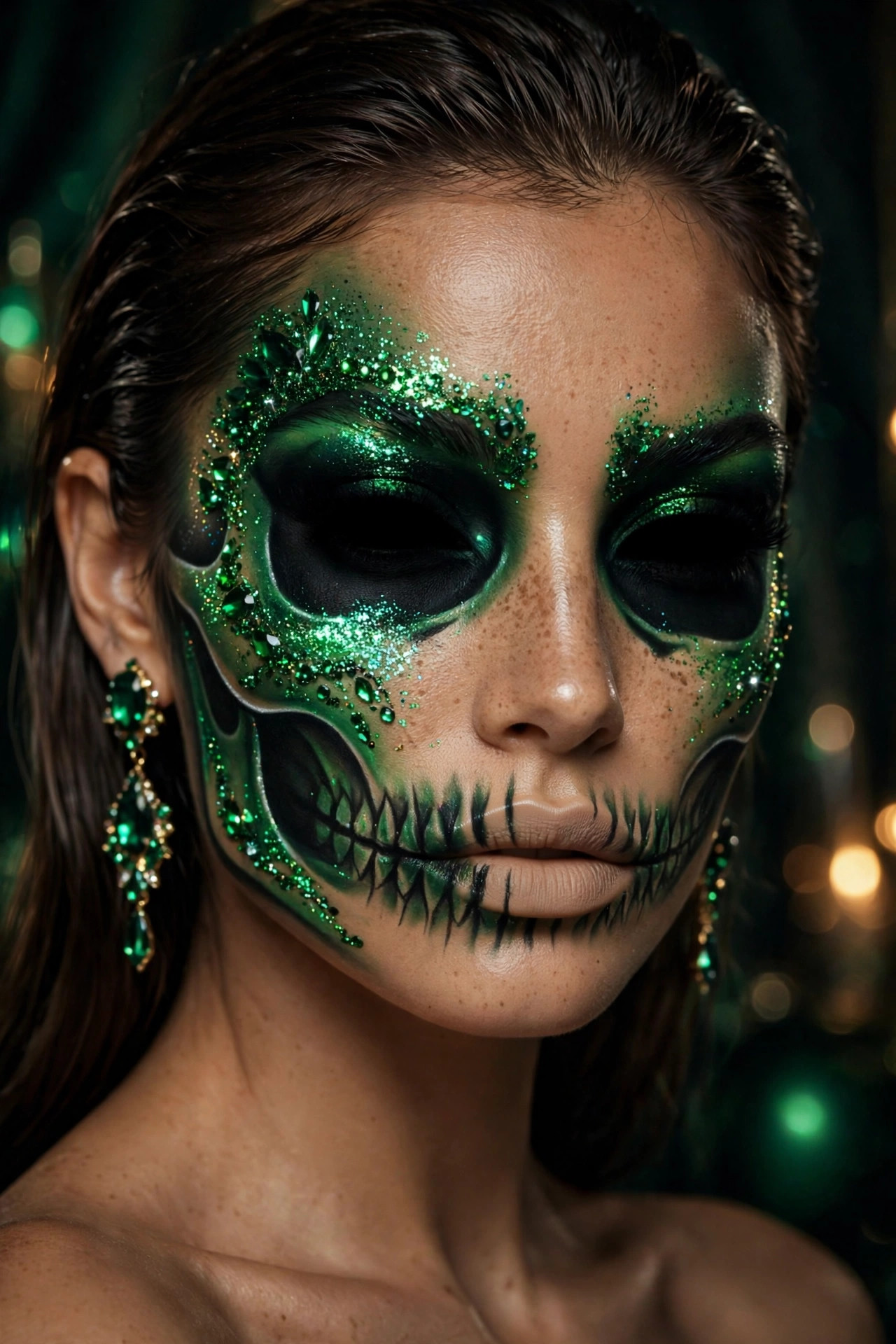 Woman with emerald jewel tone glam skull Halloween makeup