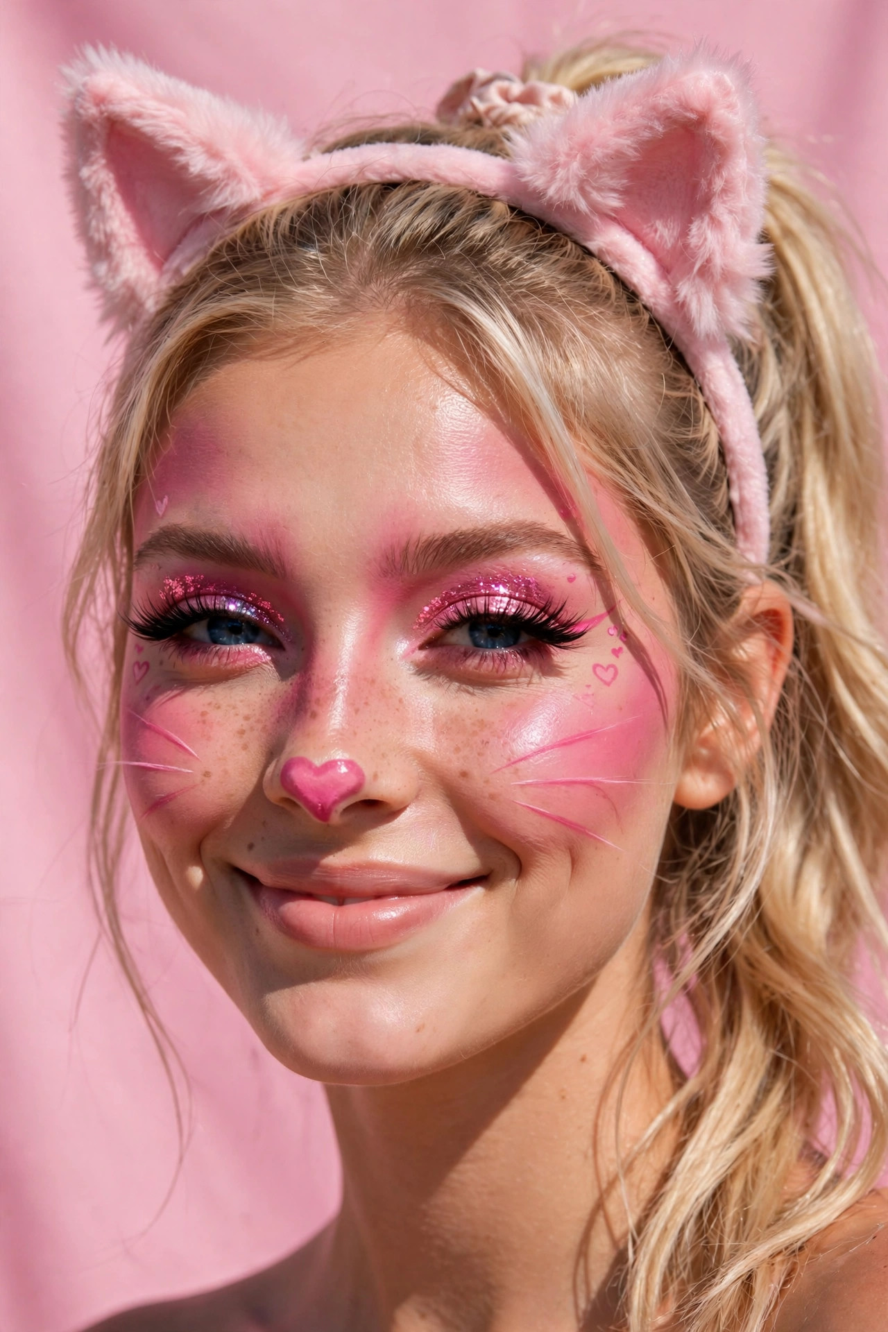 Young woman with cute pink kitten Halloween makeup, blush tones and tiny heart details