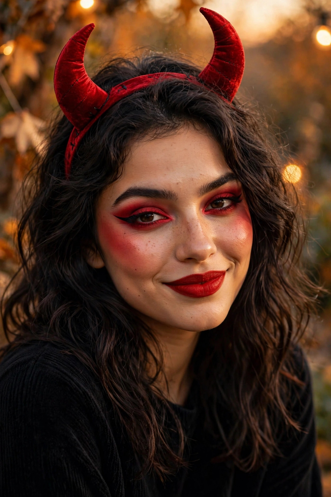 Young woman with devil Halloween makeup, red eyeliner, and horn headband