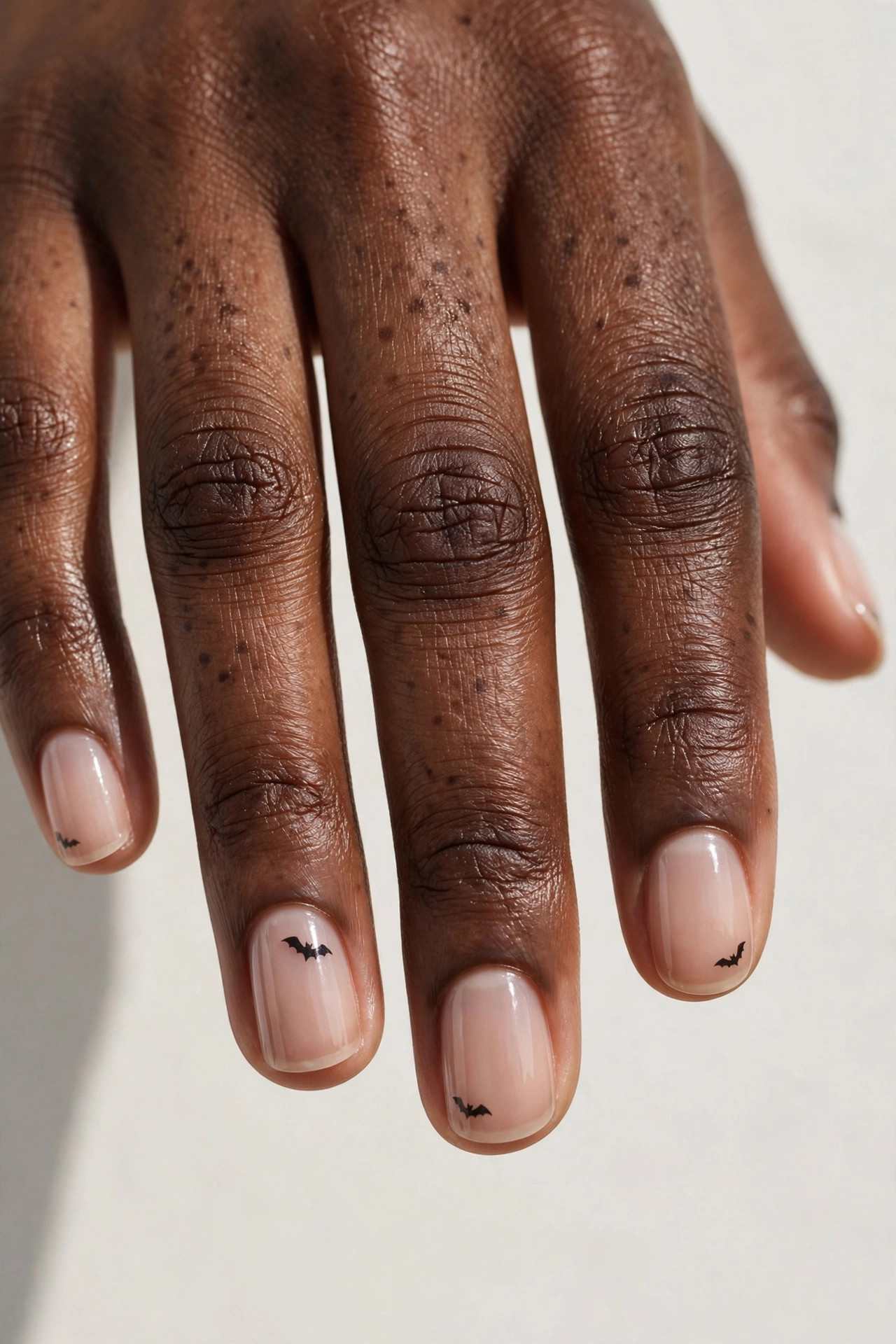 Short nails with nude polish and tiny black bat silhouette decals