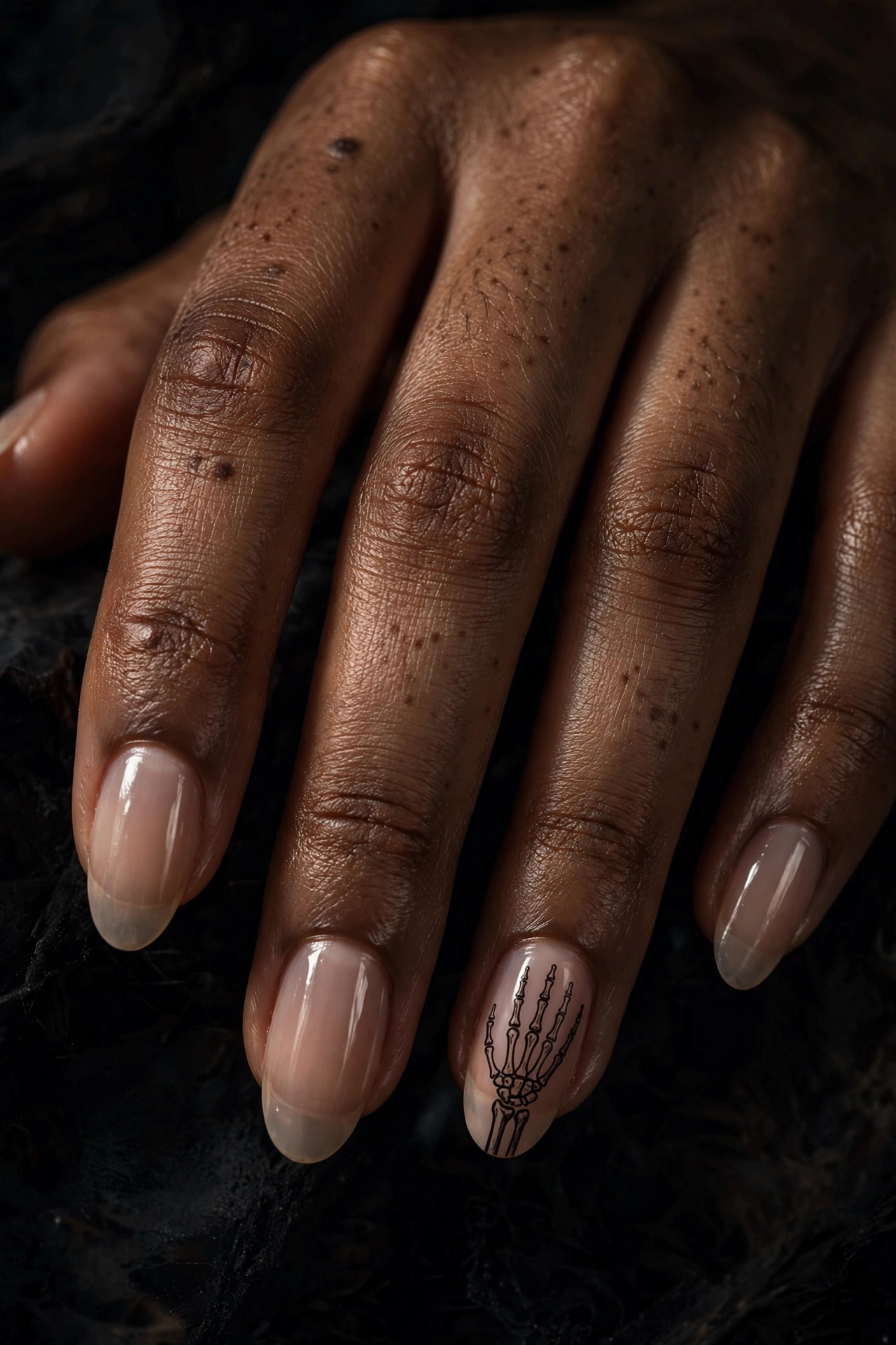 Teen hand with nude nails and skeleton hand accent nail art
