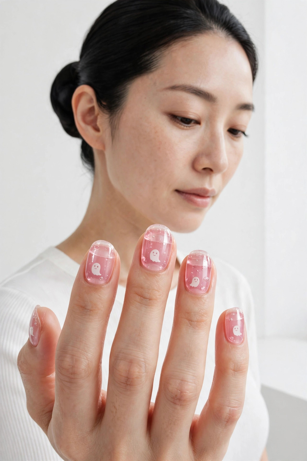 Sheer pink jelly short nails with tiny white ghosts suspended inside