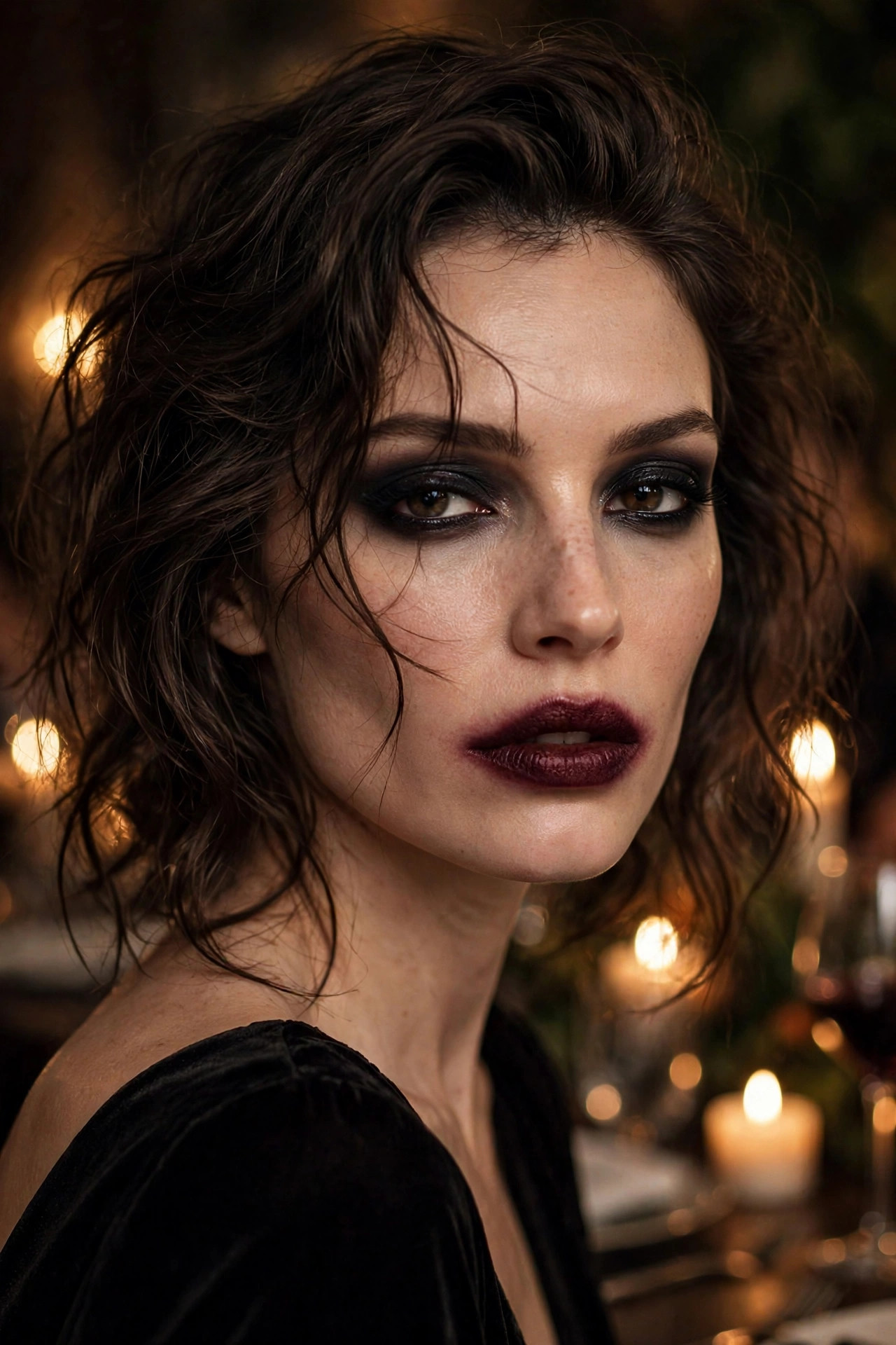 Woman with blurred wine-stained lips and undone glam vampire makeup