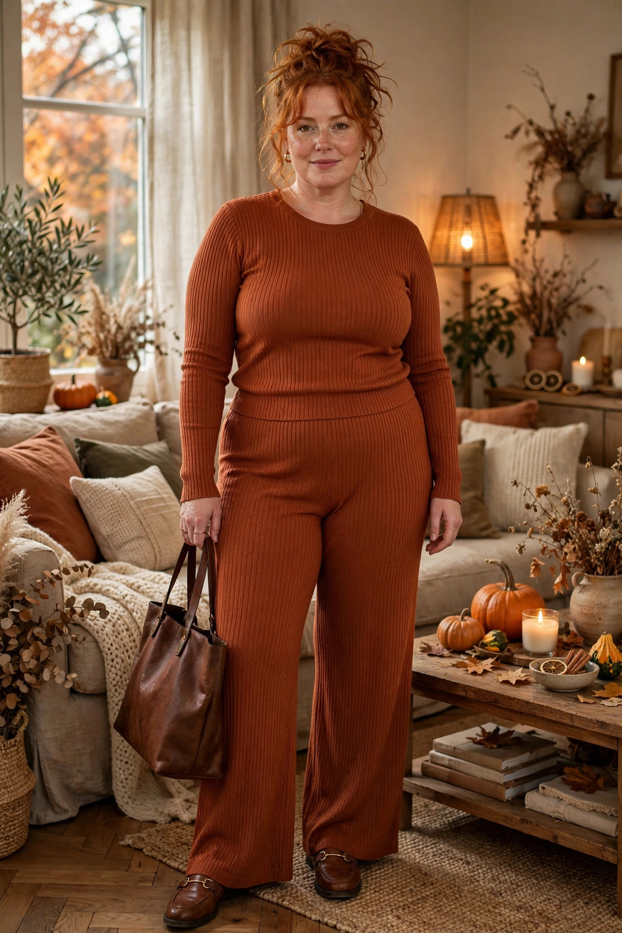 Curvy red-haired woman in a rust ribbed knit set with wide-leg pants in a cozy living room