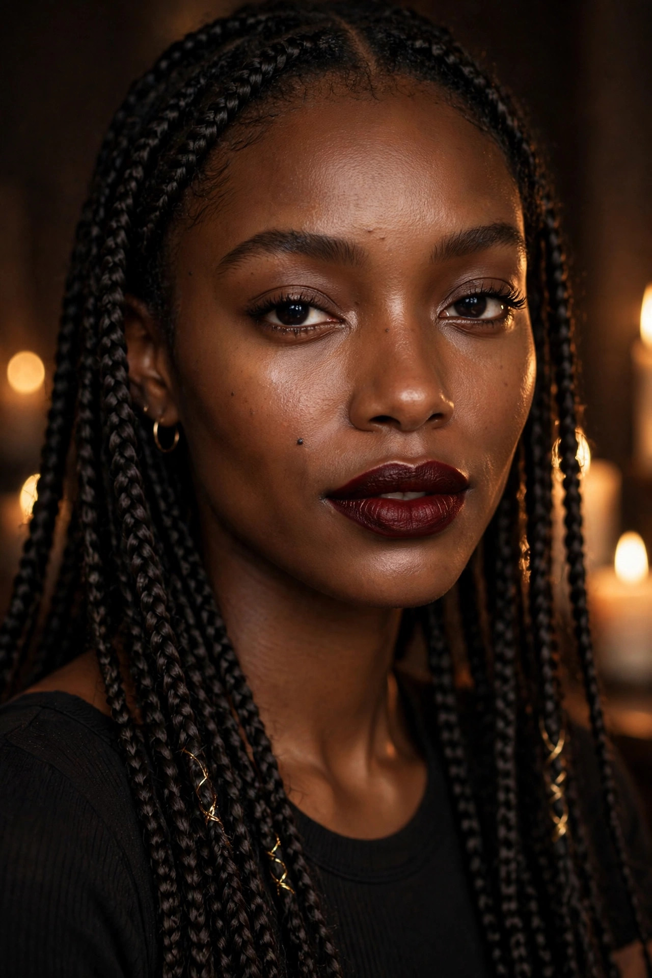 Dramatic close-up of a woman with a deep oxblood lip and minimal eye makeup in candlelight