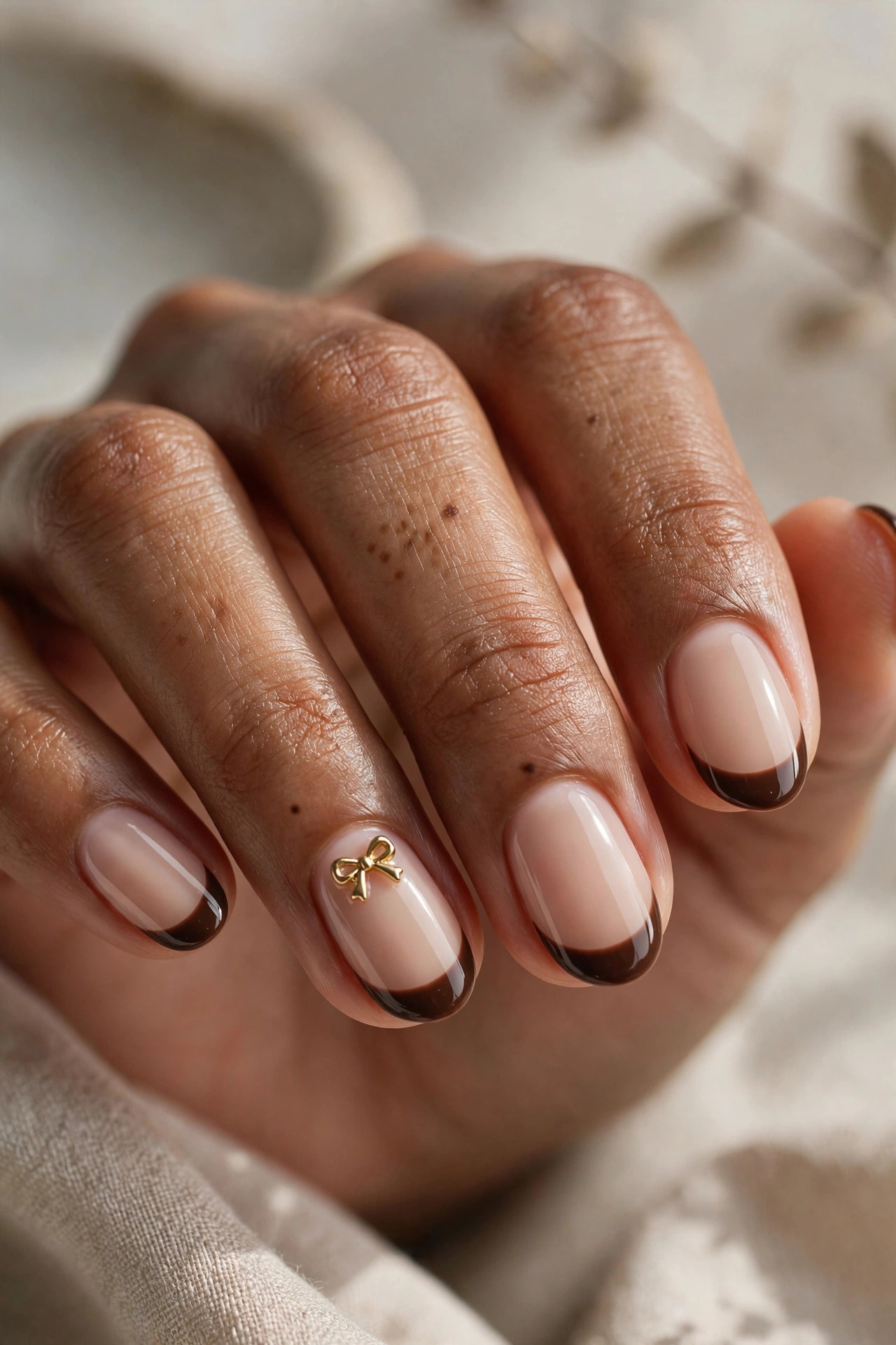 Short nails with espresso brown French tips and tiny gold bow accents