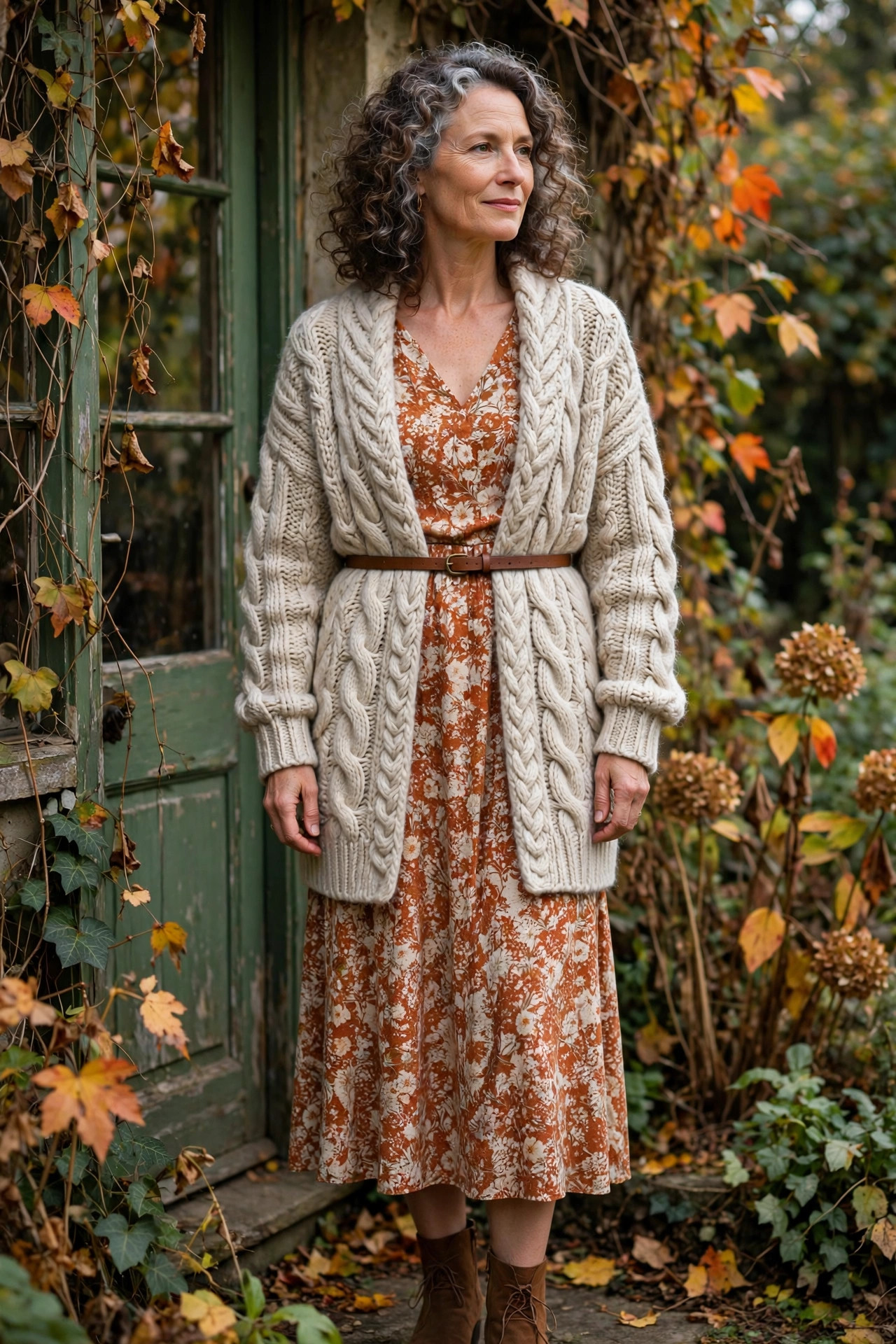 Woman in her mid 50s wearing a warm floral midi dress under an oatmeal cable-knit cardigan