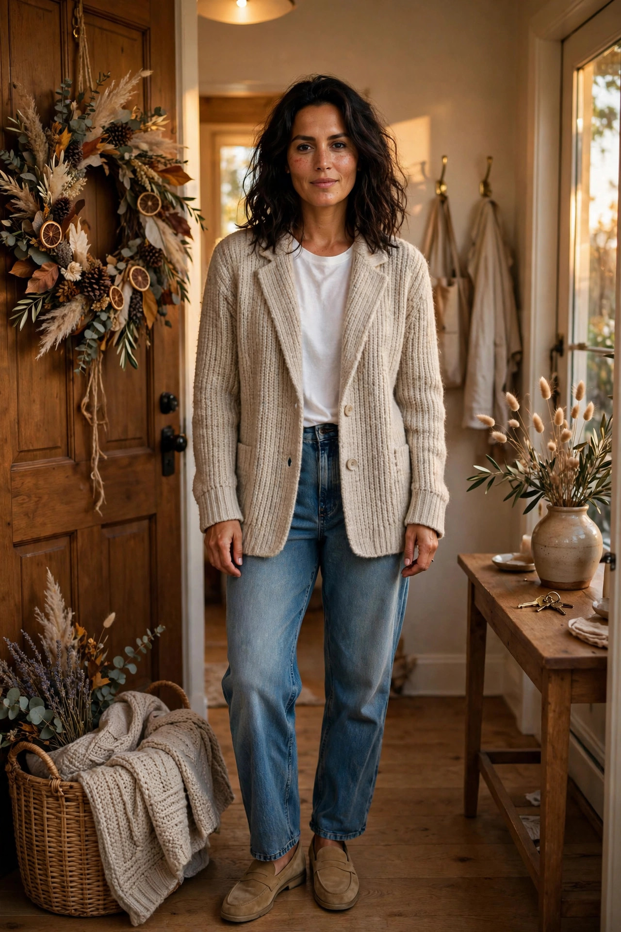 Woman in a sweater blazer with a white tee and mom jeans in an entryway