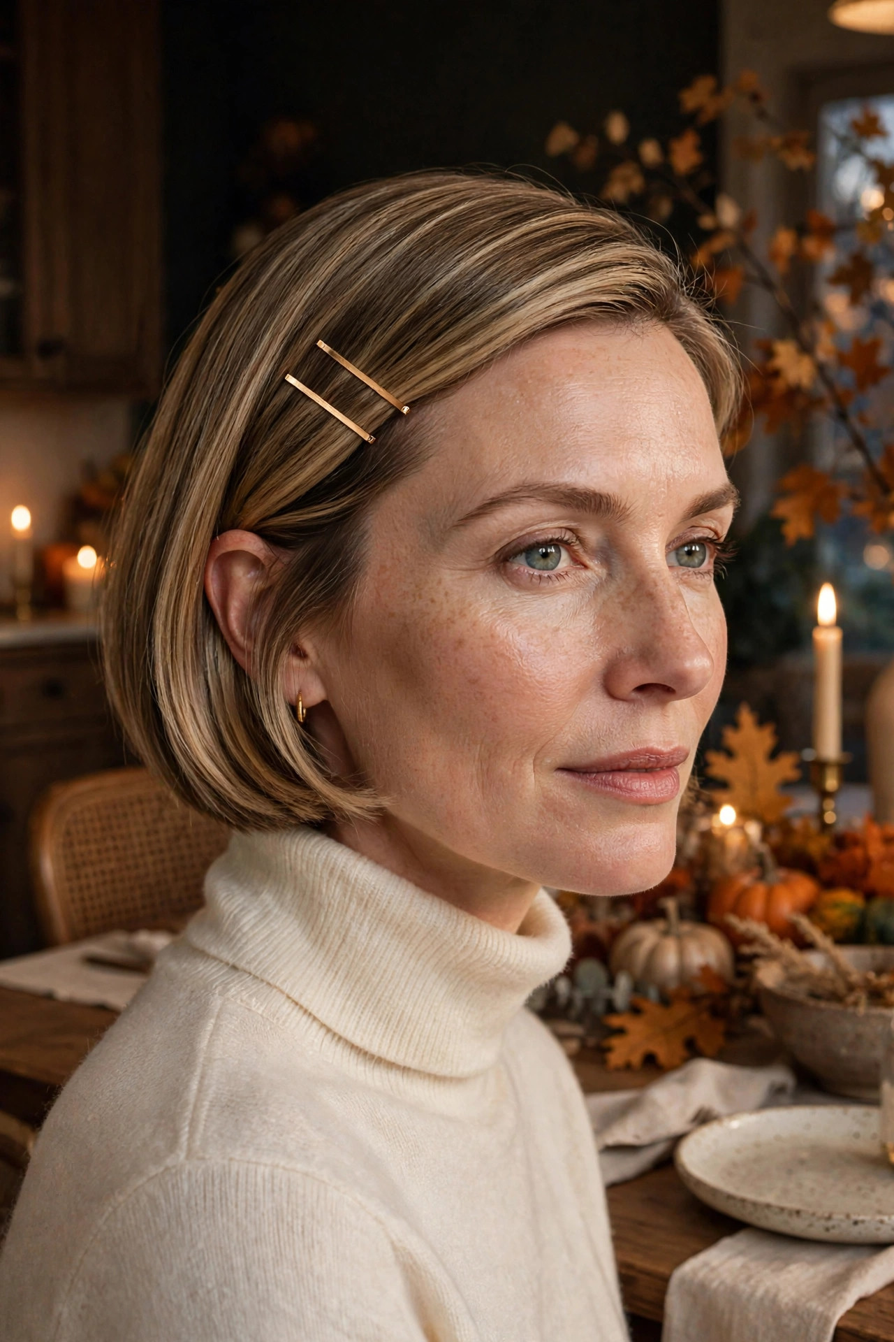 Woman in her 40s with a chin-length bob tucked behind her ears with a barrette