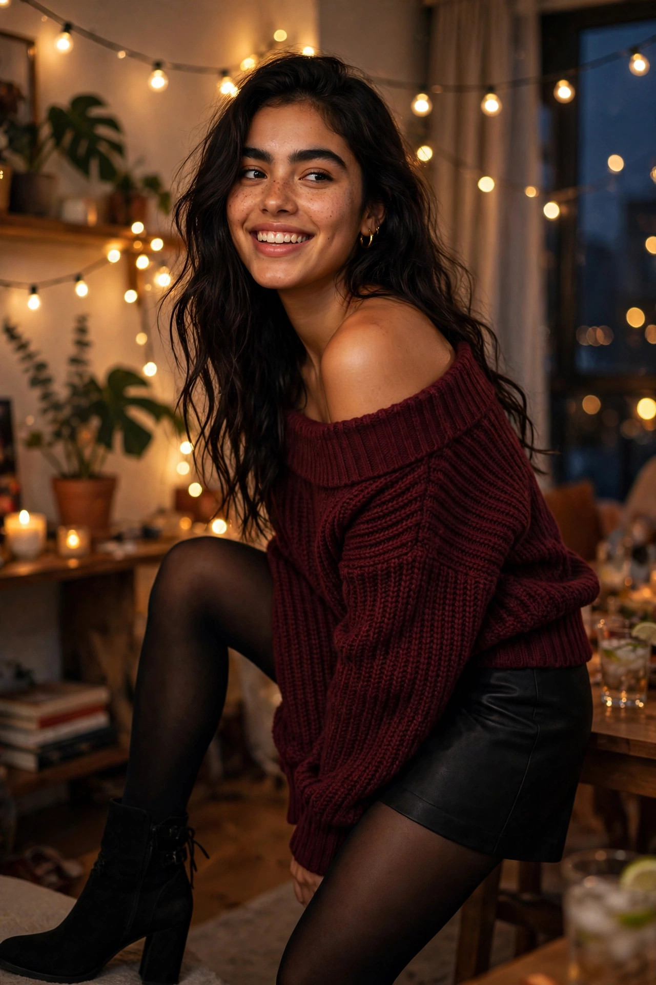 Young woman in an off-shoulder sweater with a mini skirt and tights at an apartment party