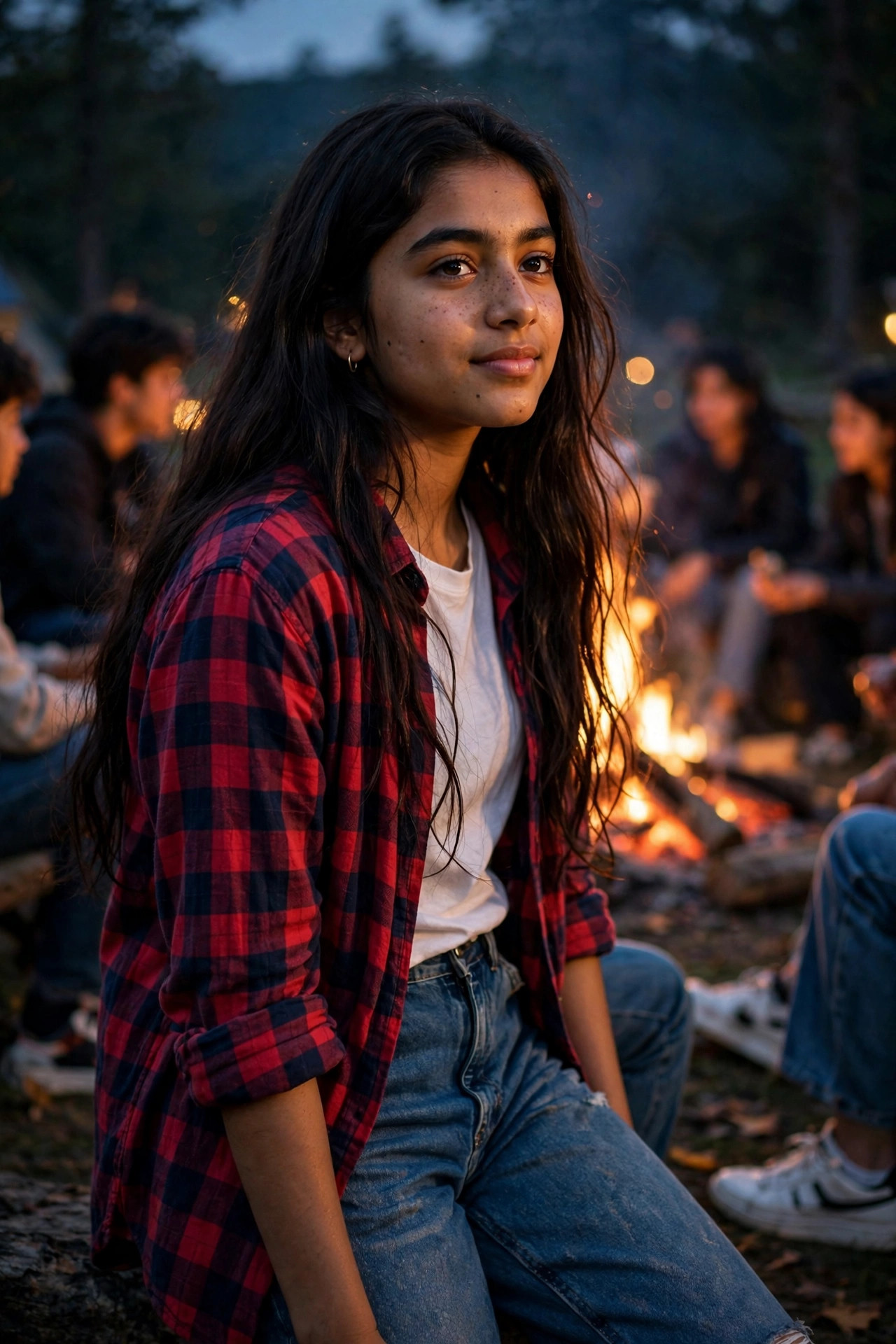 Teen girl in a plaid flannel over a white tee with mom jeans at a bonfire