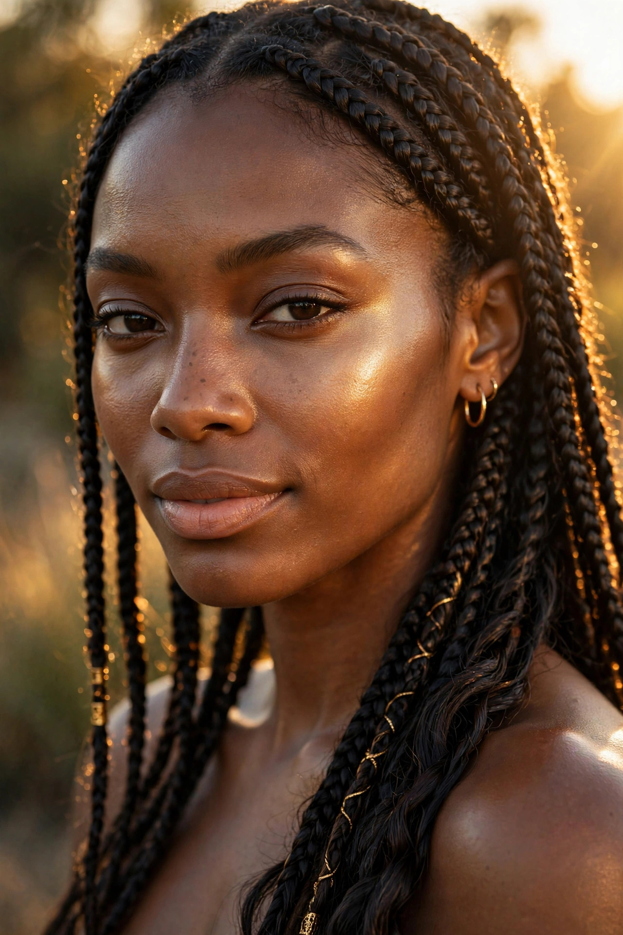 Deep-skinned woman with braided hair wearing golden honey-toned highlighter in golden hour light