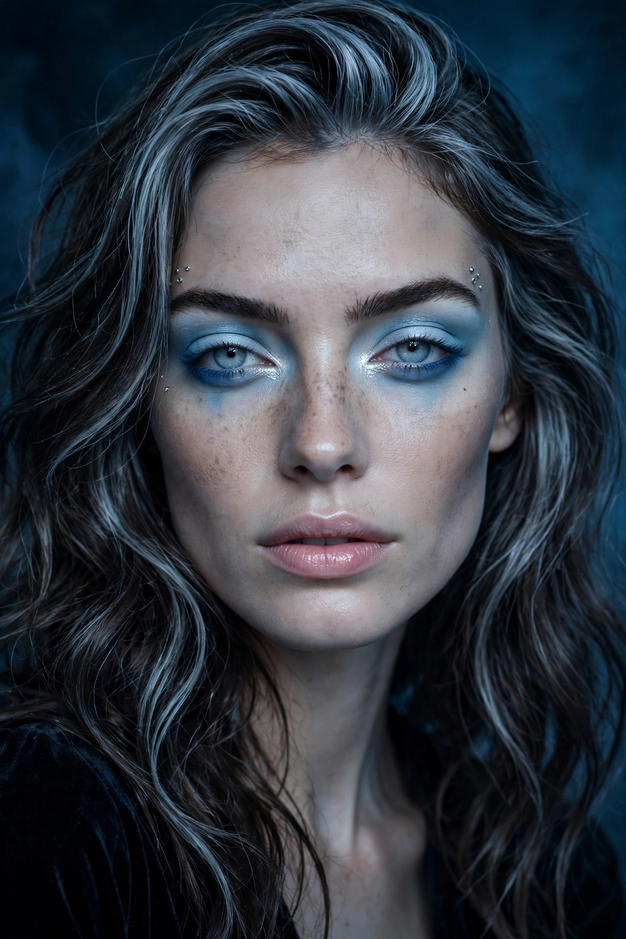 Woman with icy blue ghost Halloween makeup, frosted blue eyeshadow and pale lips
