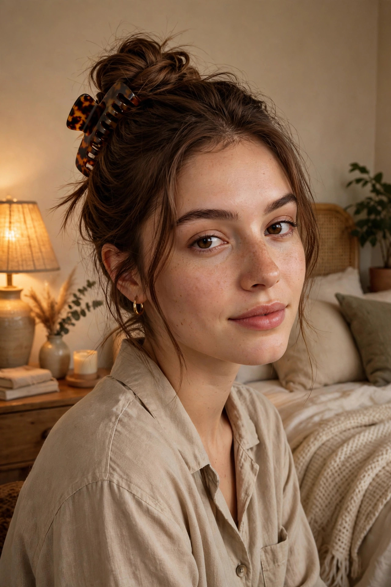 Young woman in her mid 20s with medium brown hair twisted up in a claw clip in a cozy bedroom